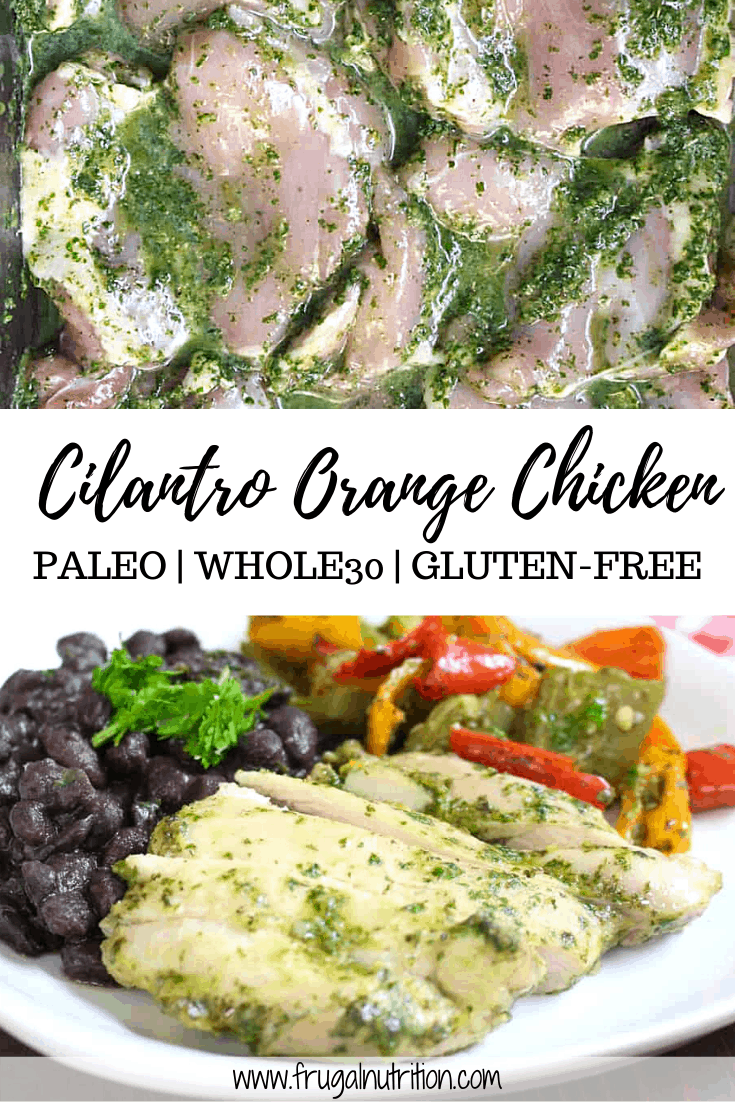 cilantro orange chicken with text overlay