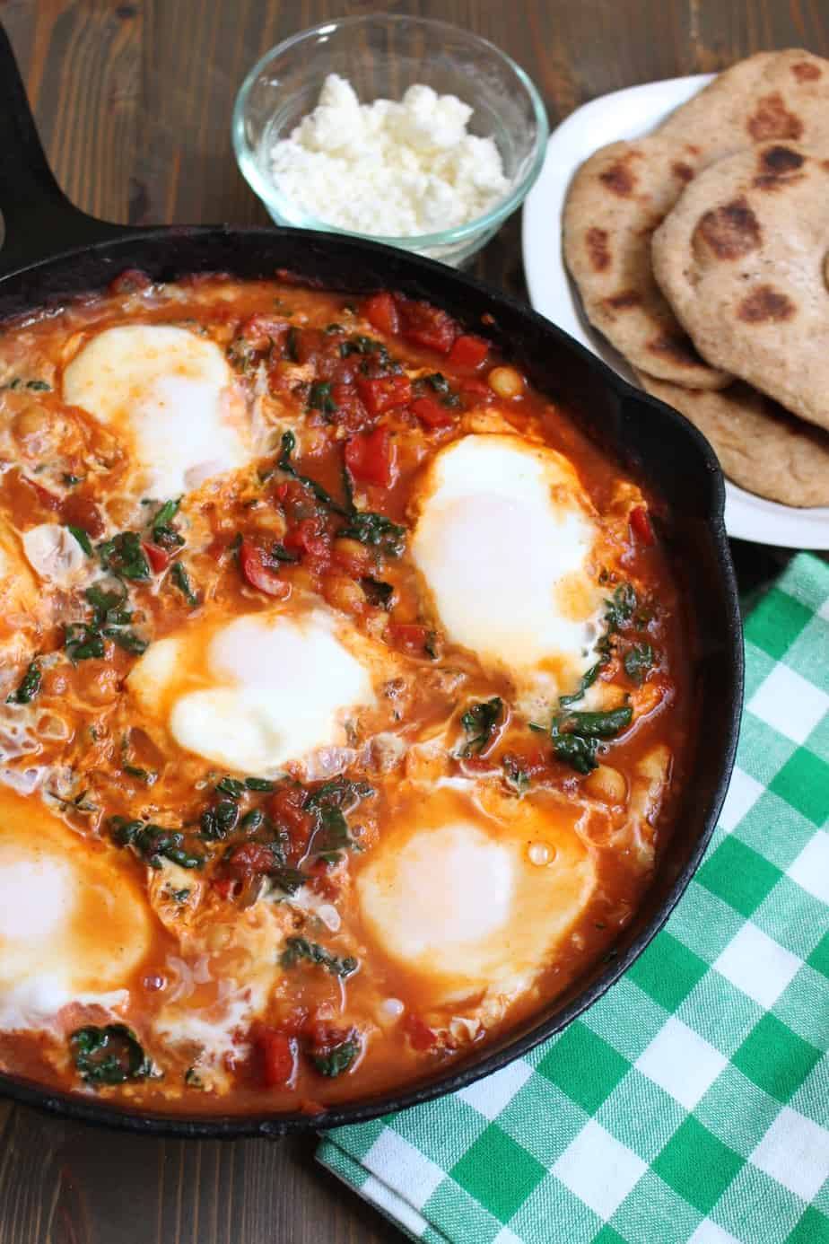 Easy Tomato Shakshuka with Chickpeas, Kale, and Whole Wheat Naan | Frugal Nutrition