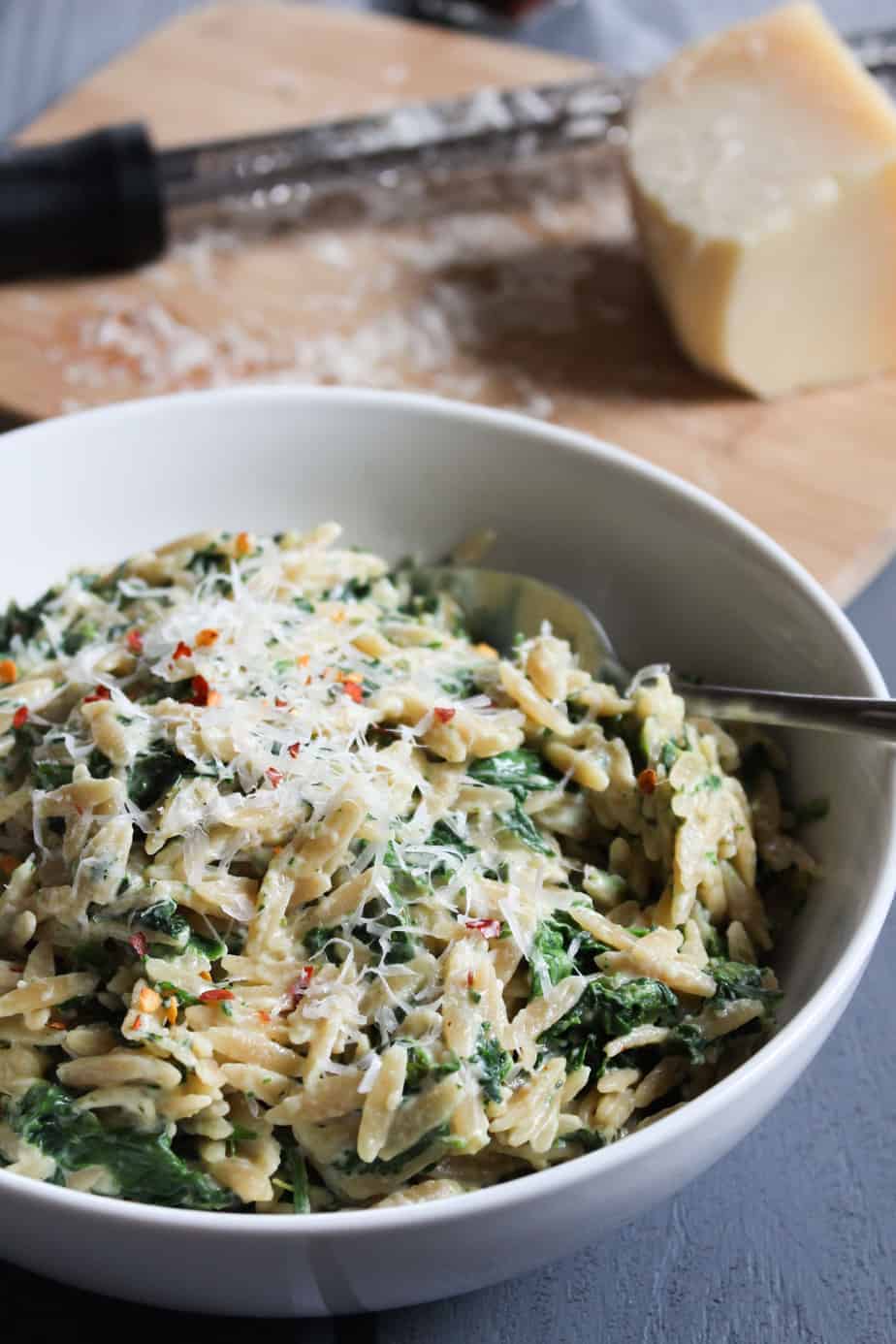 One Pot Creamy Parmesan Orzo with Spinach | Frugal Nutrition