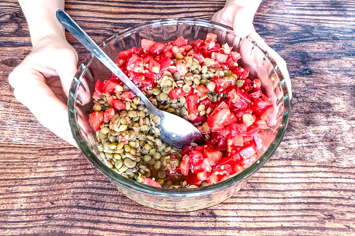 Lentils and tomatoes mixed together in a bowl to make a salad.