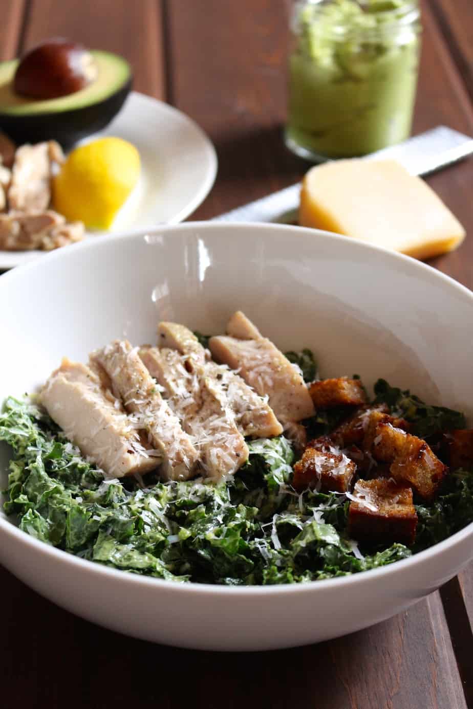 Chicken Kale Salad with Avocado Caesar and Homemade Croutons | Frugal Nutrition