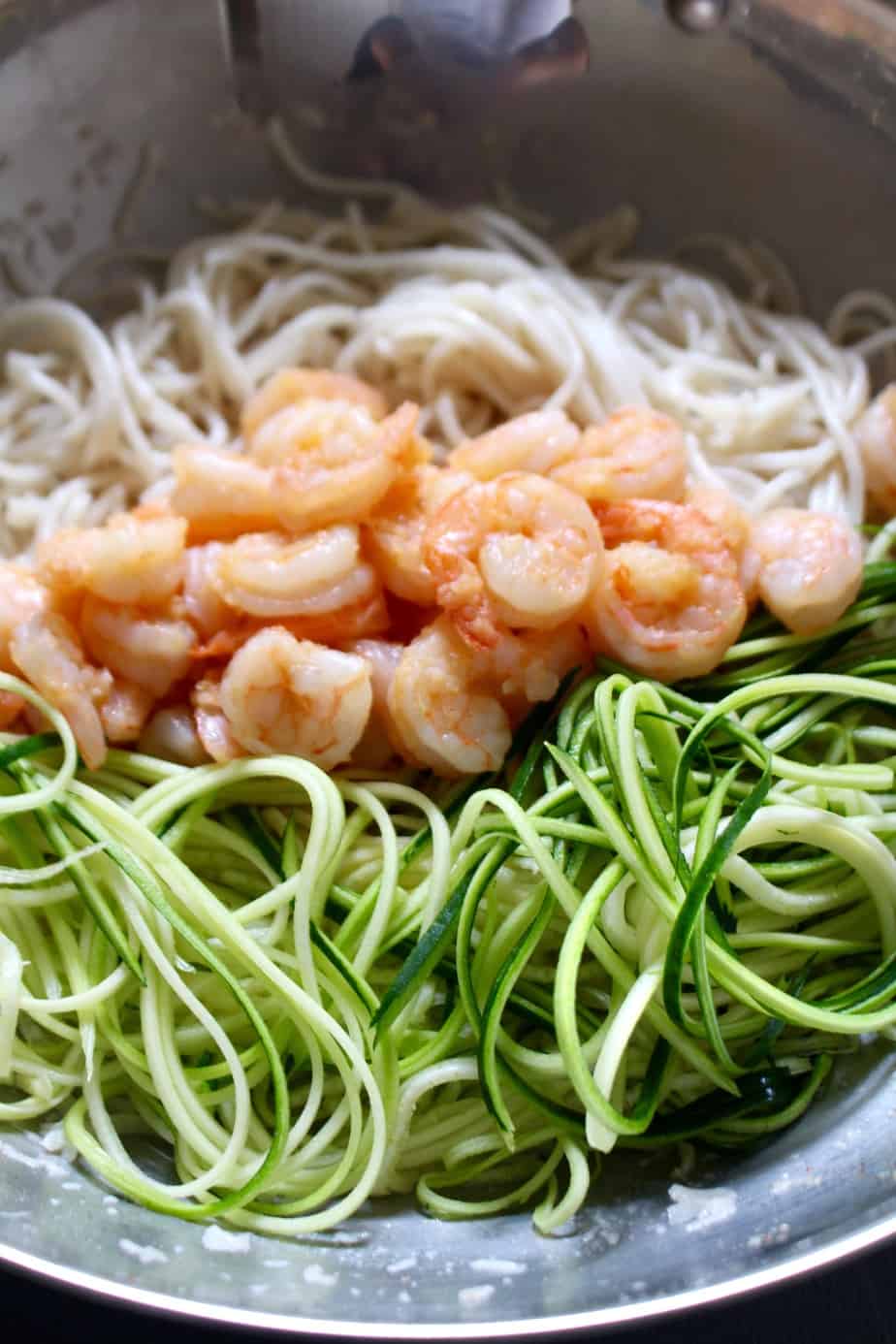 Zoodles, garlic shrimp, and gluten-free pasta 