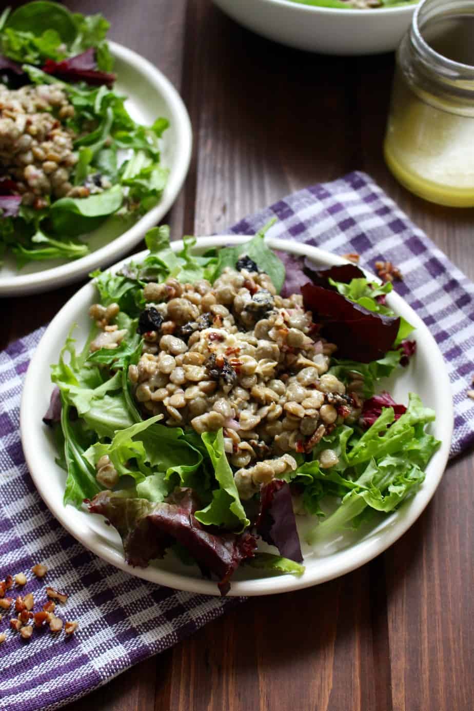 Lentil Salad with Goat Cheese, Pecans, Dried Cherries, and Lemon Honey Vinaigrette | Frugal Nutrition