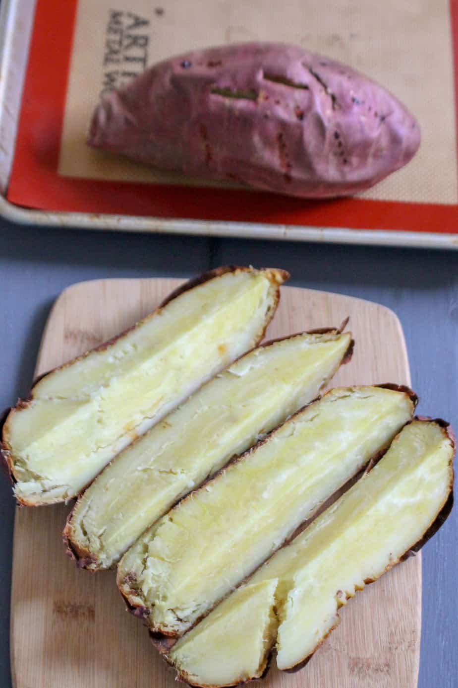 Baked Japanese Sweet Potatoes cut open after cooking