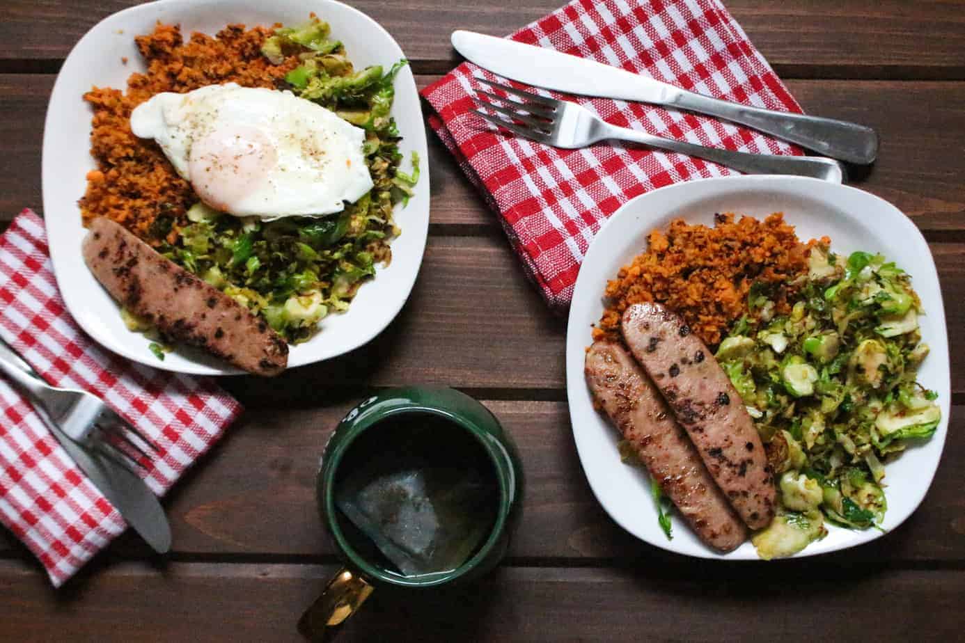 Brussels Sprouts Hash with Sweet Potatoes and Aidell's Sausage | Frugal Nutrition