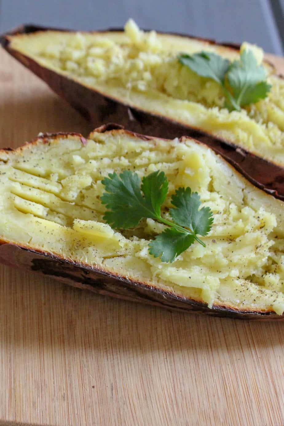 baked japanese sweet potatoes seasoned with salt, pepper, and butter