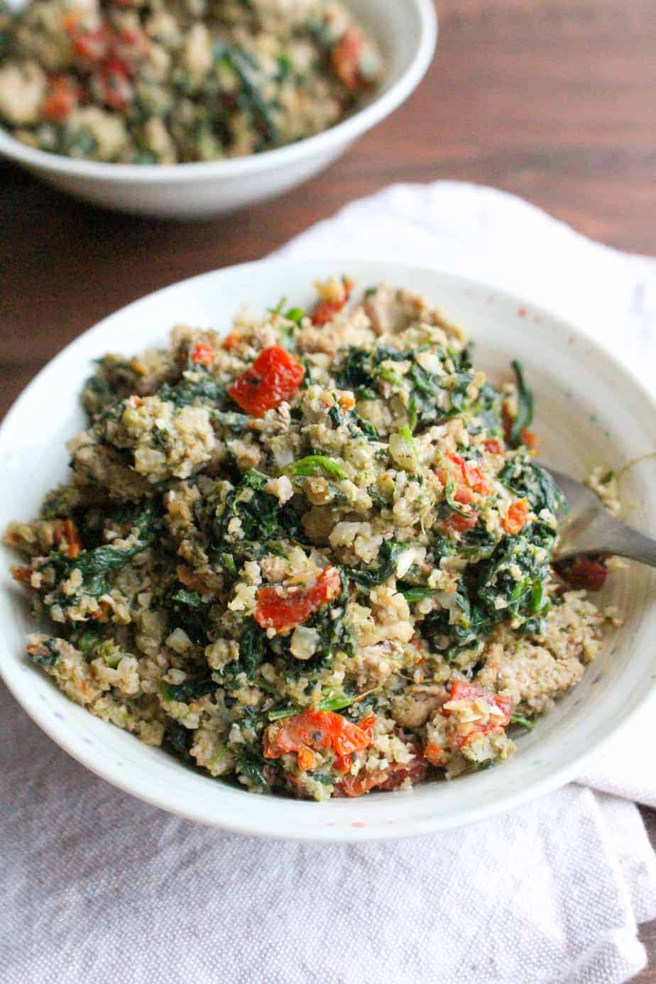 Pesto Turkey Cauliflower Rice Bowls with Sun Dried Tomatoes | Frugal Nutrition