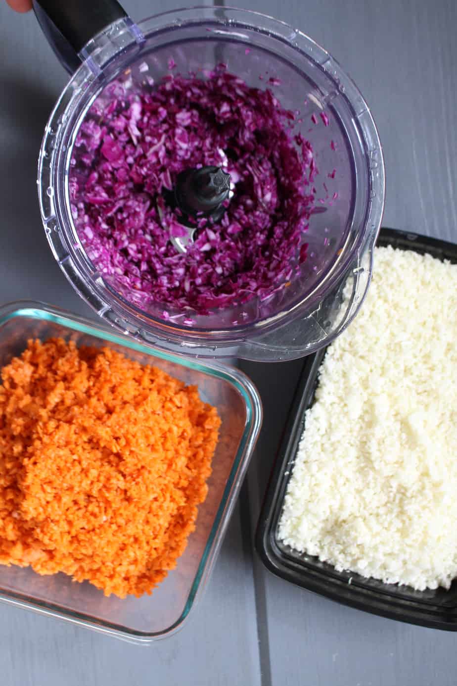 Riced vegetables like cabbage, cauliflower, and carrots.