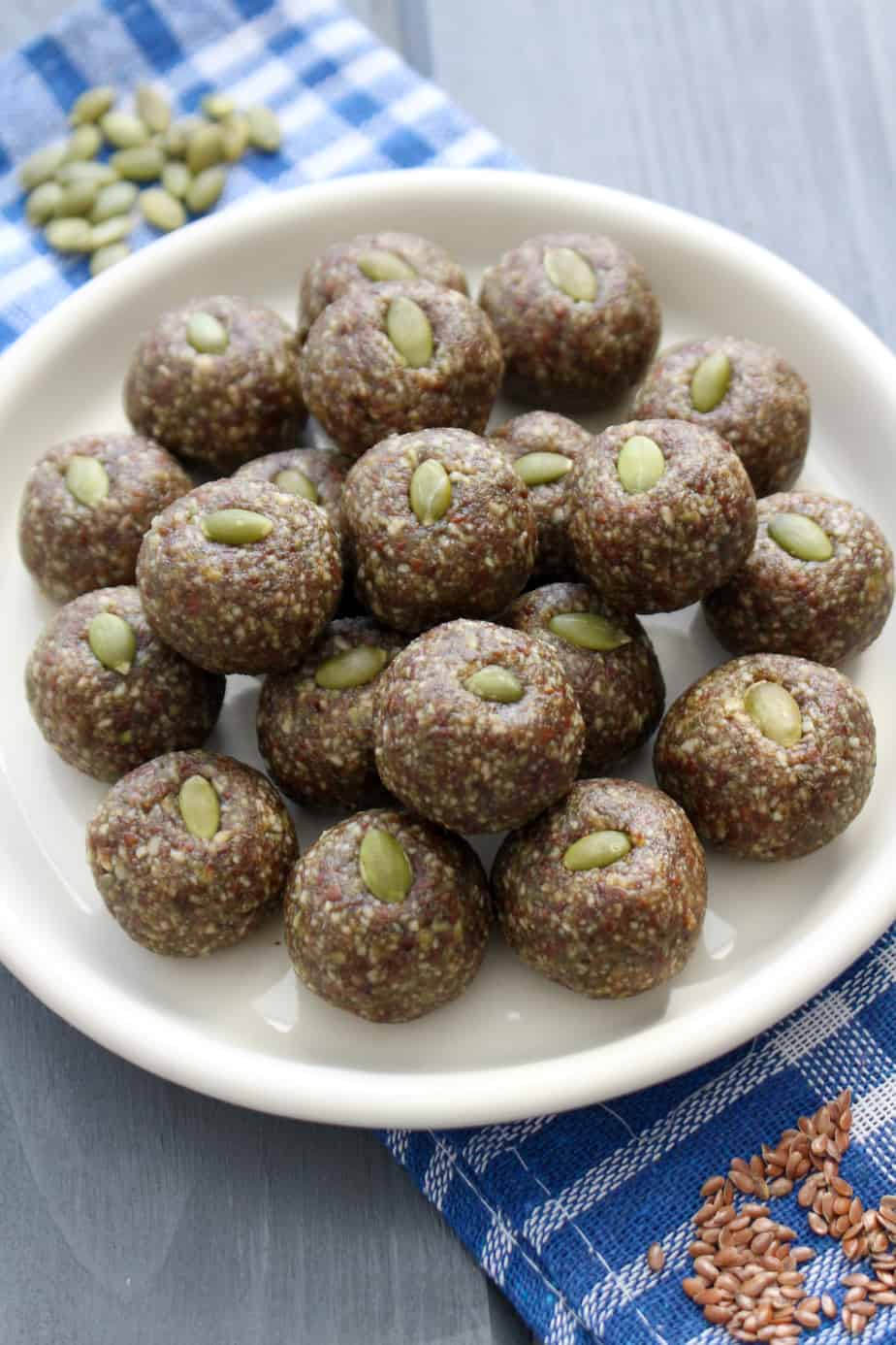 Pumpkin and Flaxseed Bites on a white plate