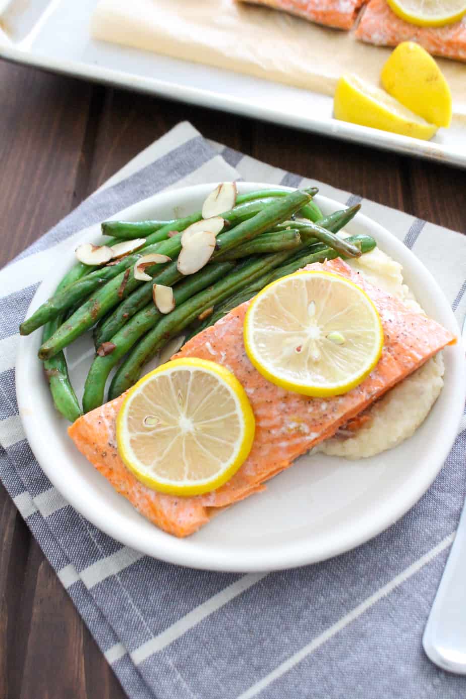 Roasted Wild Salmon with Green Beans and Celery Root Mash | Frugal Nutrition