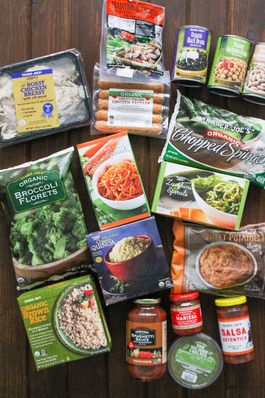 Various meal-prep ingredients spread out on a table.