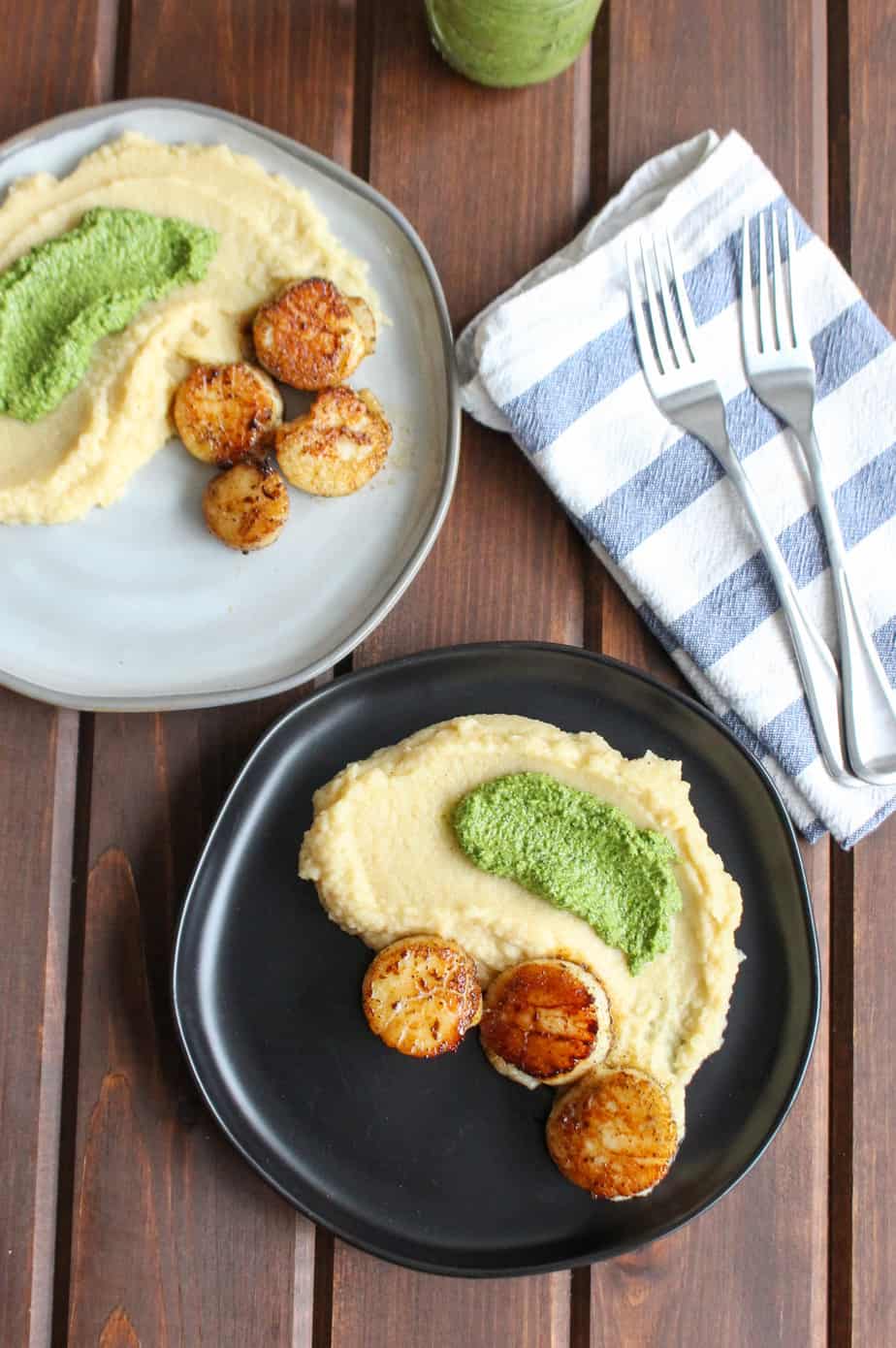 Date Night Seared Scallops Celeriac Puree Pesto | Frugal Nutrition