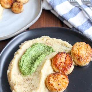 Seared Scallops with Celeriac Puree and Pesto #lowfodmap | Frugal Nutrition