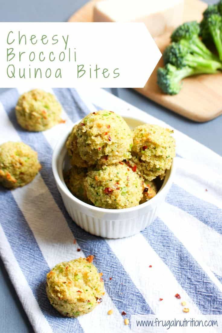 These cheesy broccoli quinoa bites are perfect for snacking, adding to lunchboxes, and for a home cooking project with kids! By frugalnutrition. #broccolicheese #quinoabites