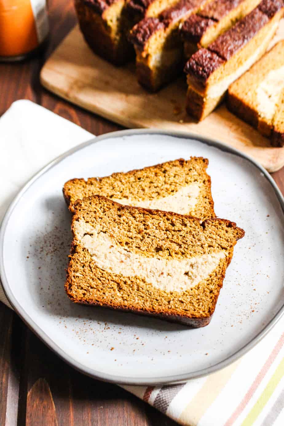 Plate with two pieces of pumpkin bread 