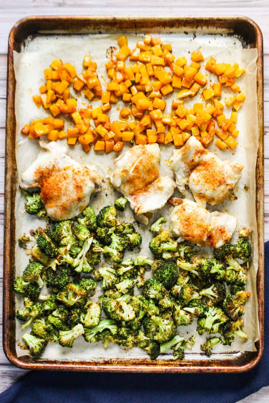 Sheet pan with cooked cubed butternut squash, four chicken thighs, and broccoli