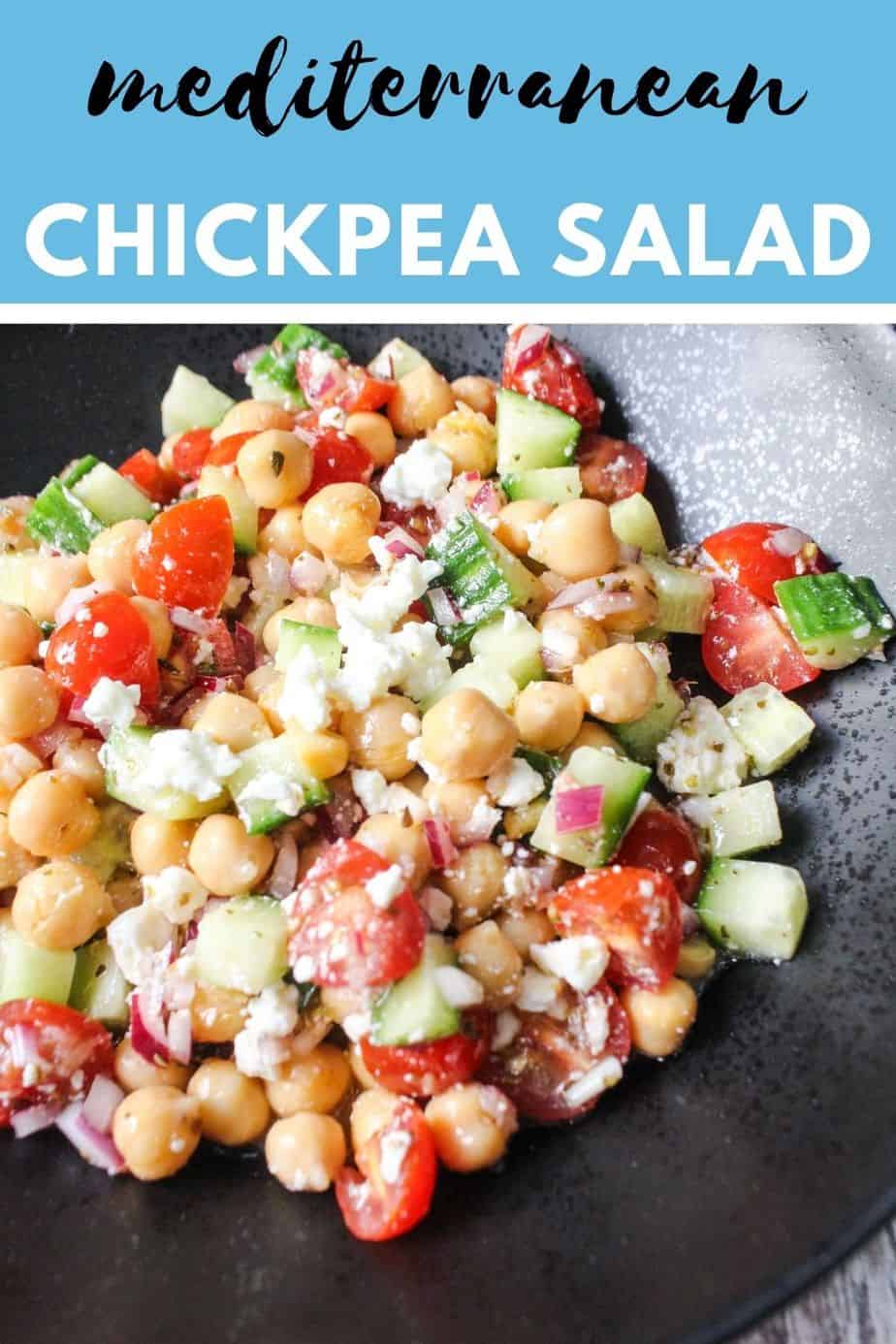 black bowl with chickpeas, cucumbers, grape tomatoes, red onions, feta, and mediterranean chickpea text with blue background