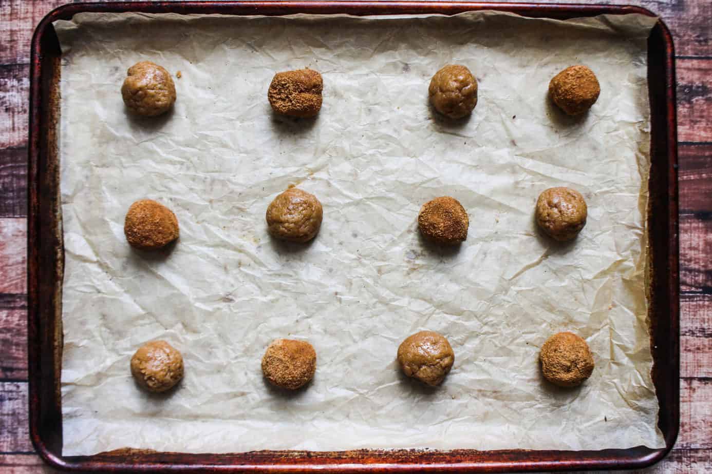 sheet pan with balls of cookie dough