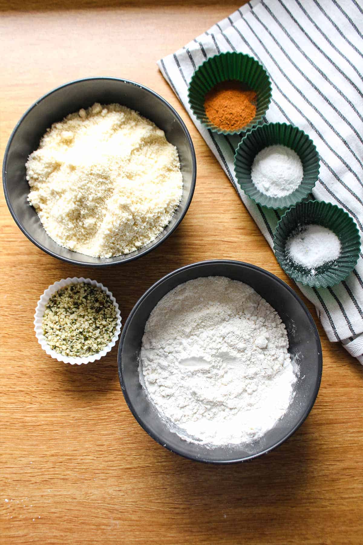 Gluten free flours and other dry ingredients ready to mix for paleo zucchini bread.