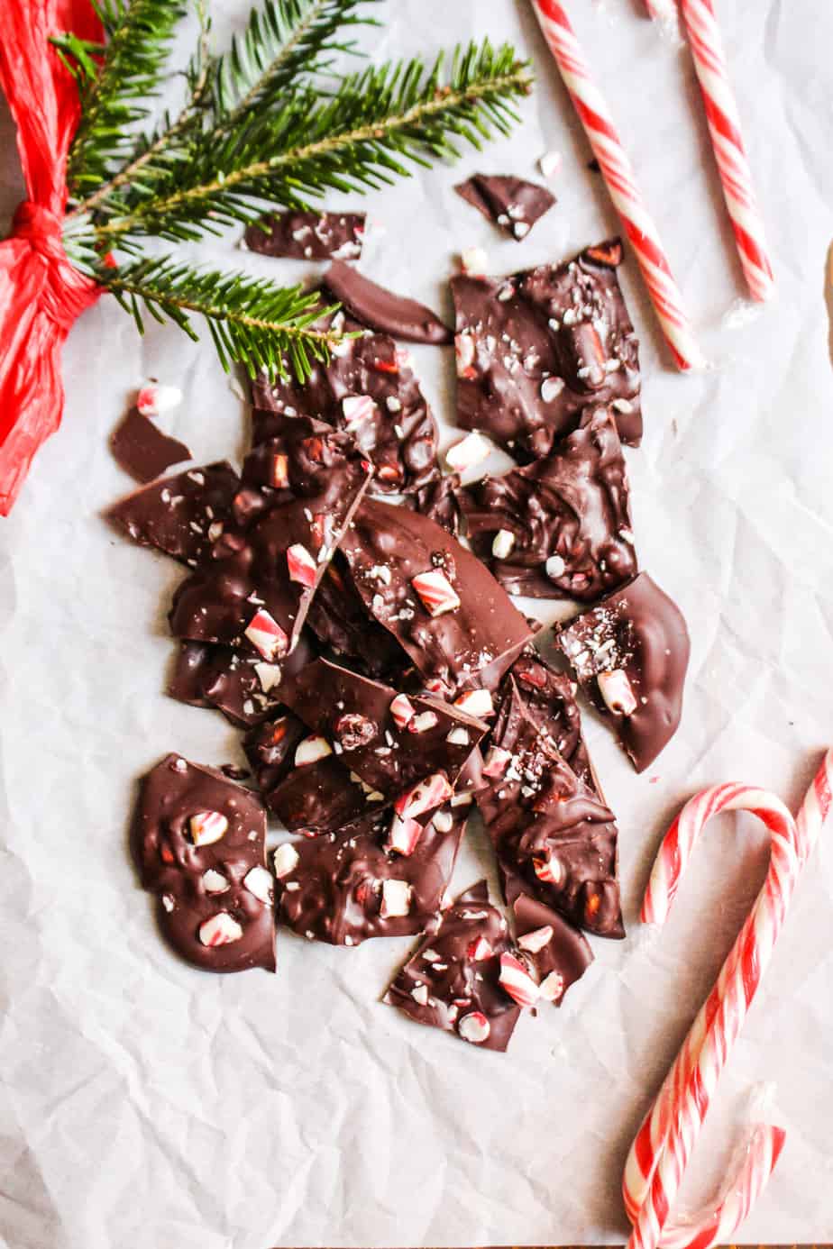 dark chocolate peppermint bark on parchment paper