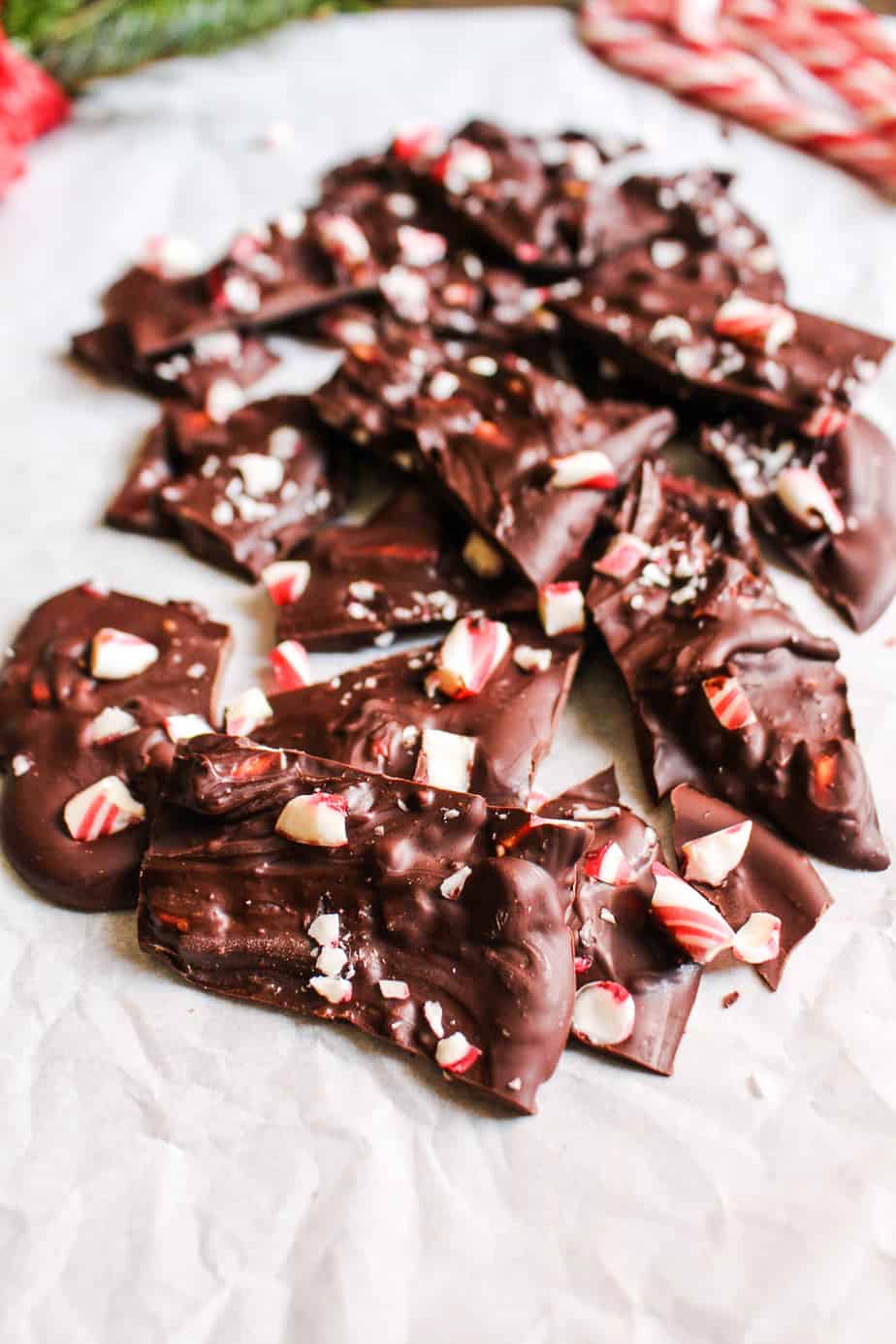 peppermint bark displayed on parchment paper