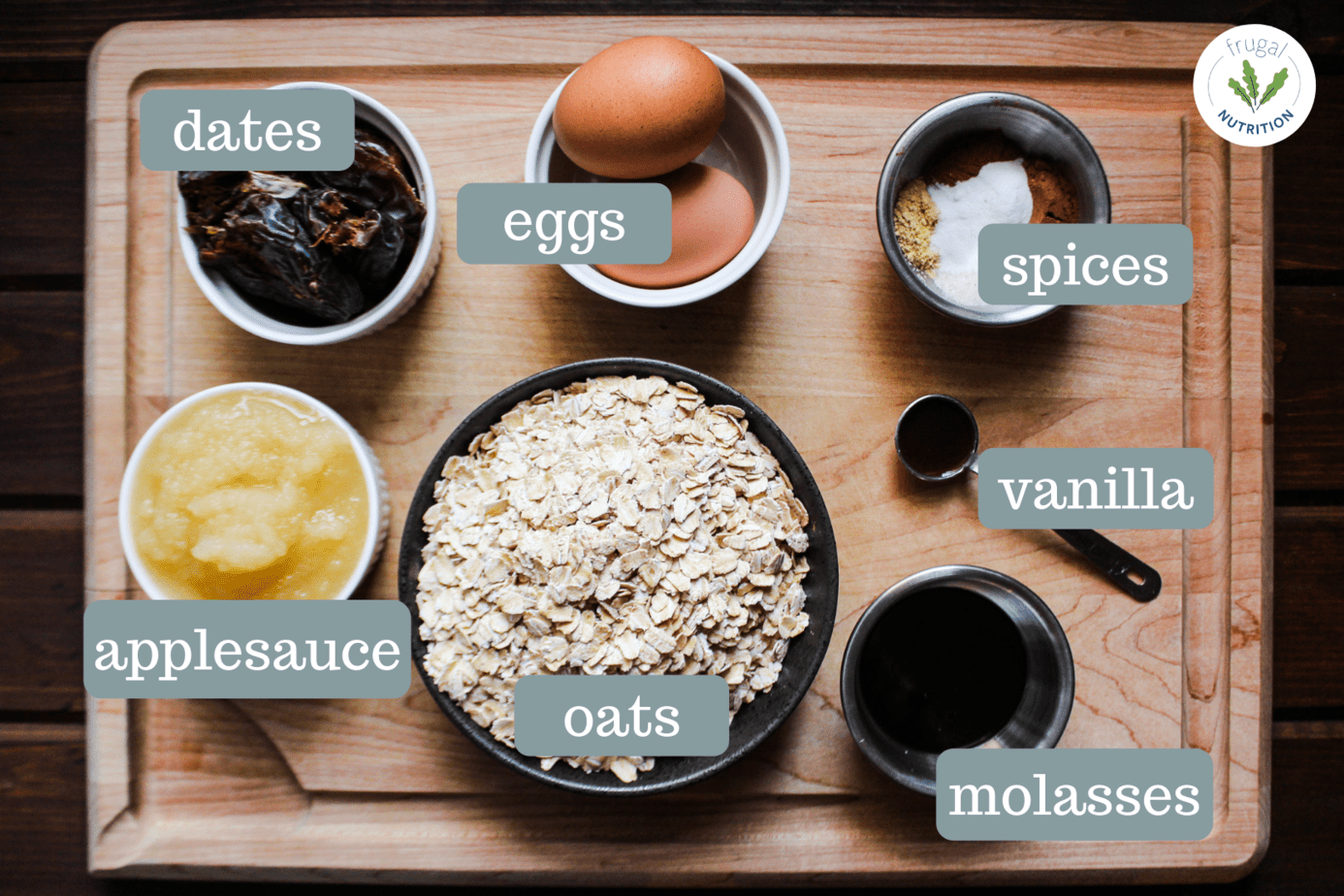 ingredients dates, applesauce, two eggs, oats, spices, vanilla, molasses