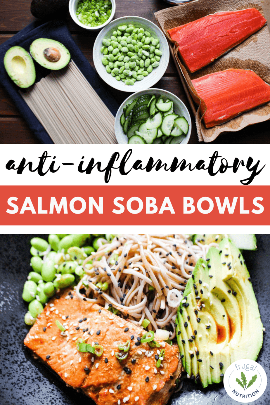 collage of images of ingredients and final bowl with salmon, soba, edamame, green onions, avocado