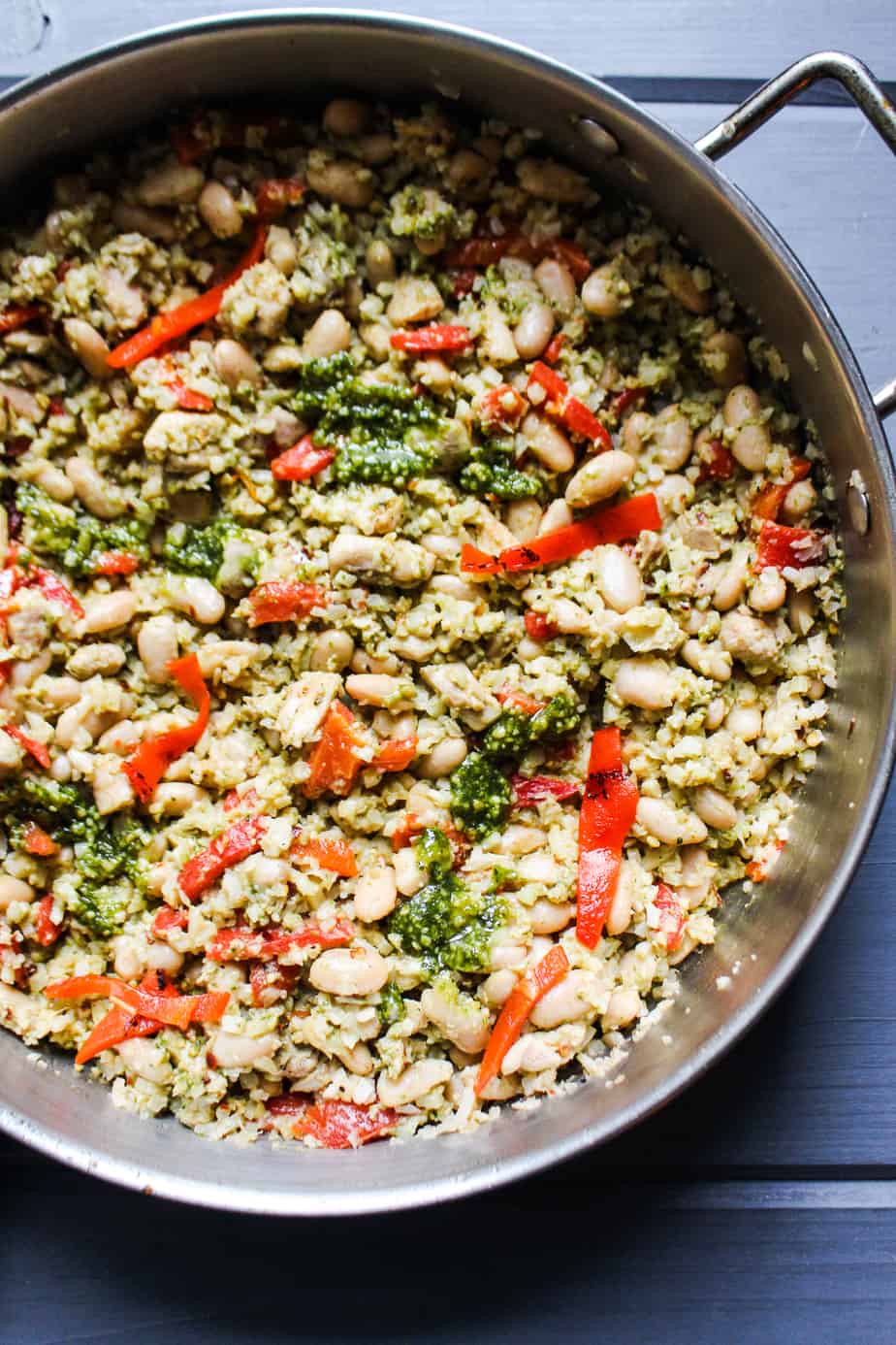 chicken pesto skillet dish in skillet