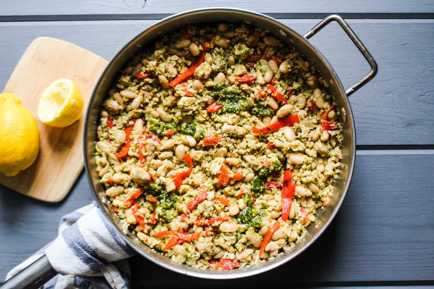 chicken pesto skillet dish in skillet