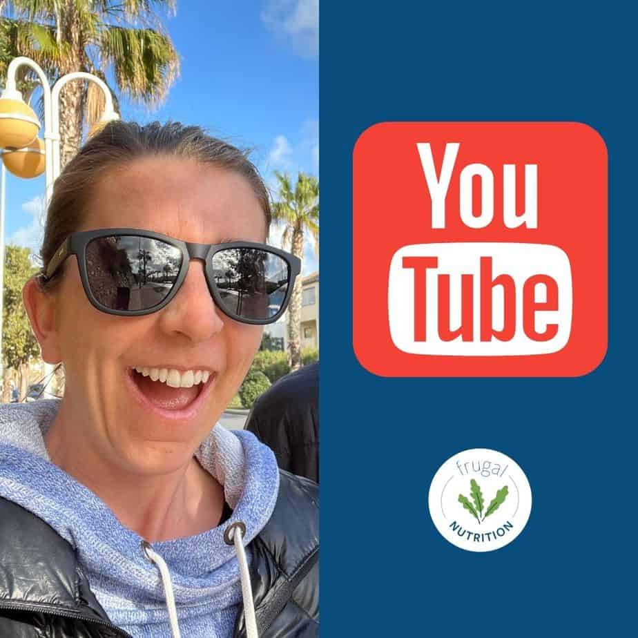 image on left of Caitlin with sunglasses outside, and a joyful surprised expression, on right is a blue background with the youtube logo and frugal nutrition logo