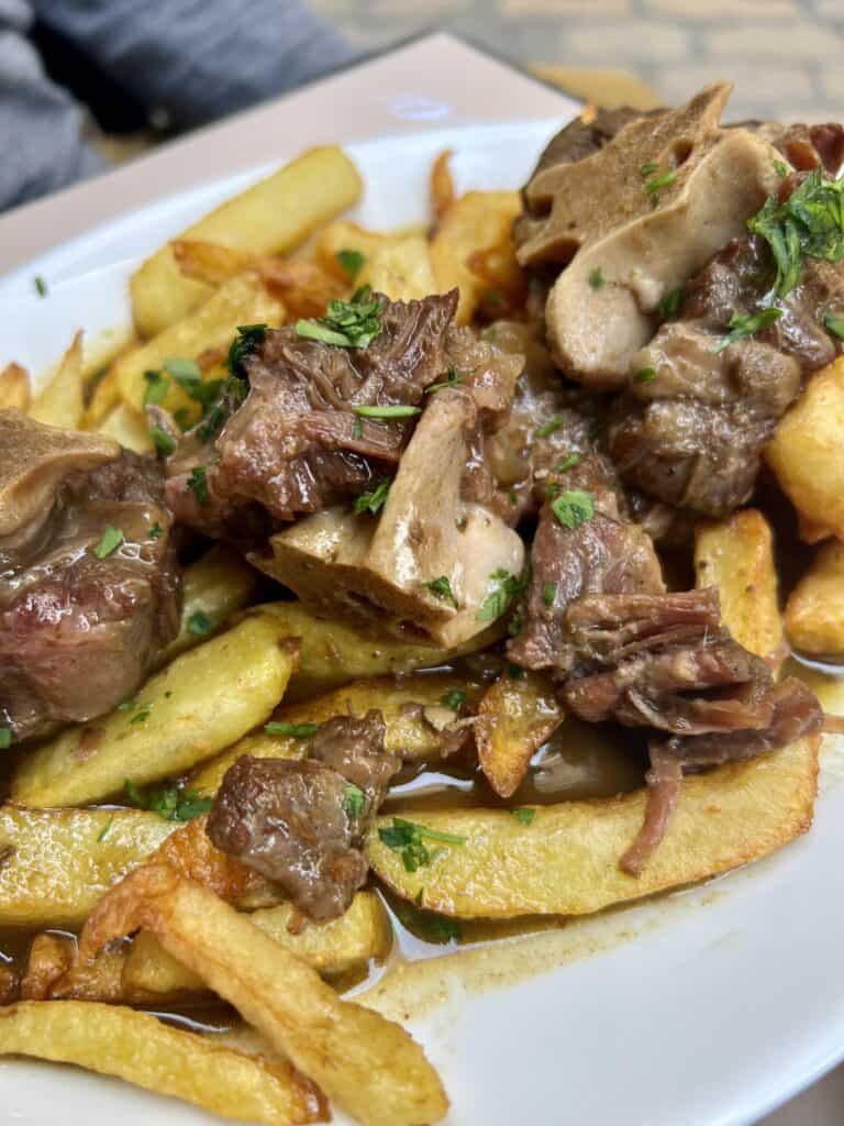 white plate with french fries, topped with oxtail stew