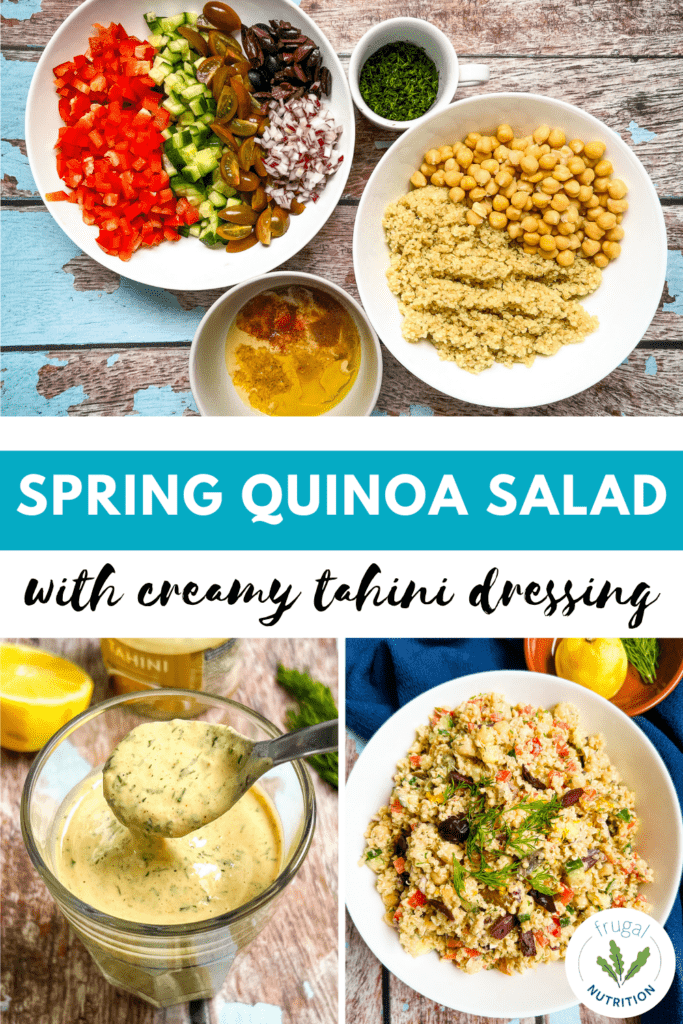 collage of three images, the top with the prepared quinoa salad ingredients, the bottom left with a spoon pouring out the finished dressing, the right a spring quinoa salad with this dressing, white text overlay on teal background reads spring quinoa salad with black text underneath reading with creamy tahini dressing