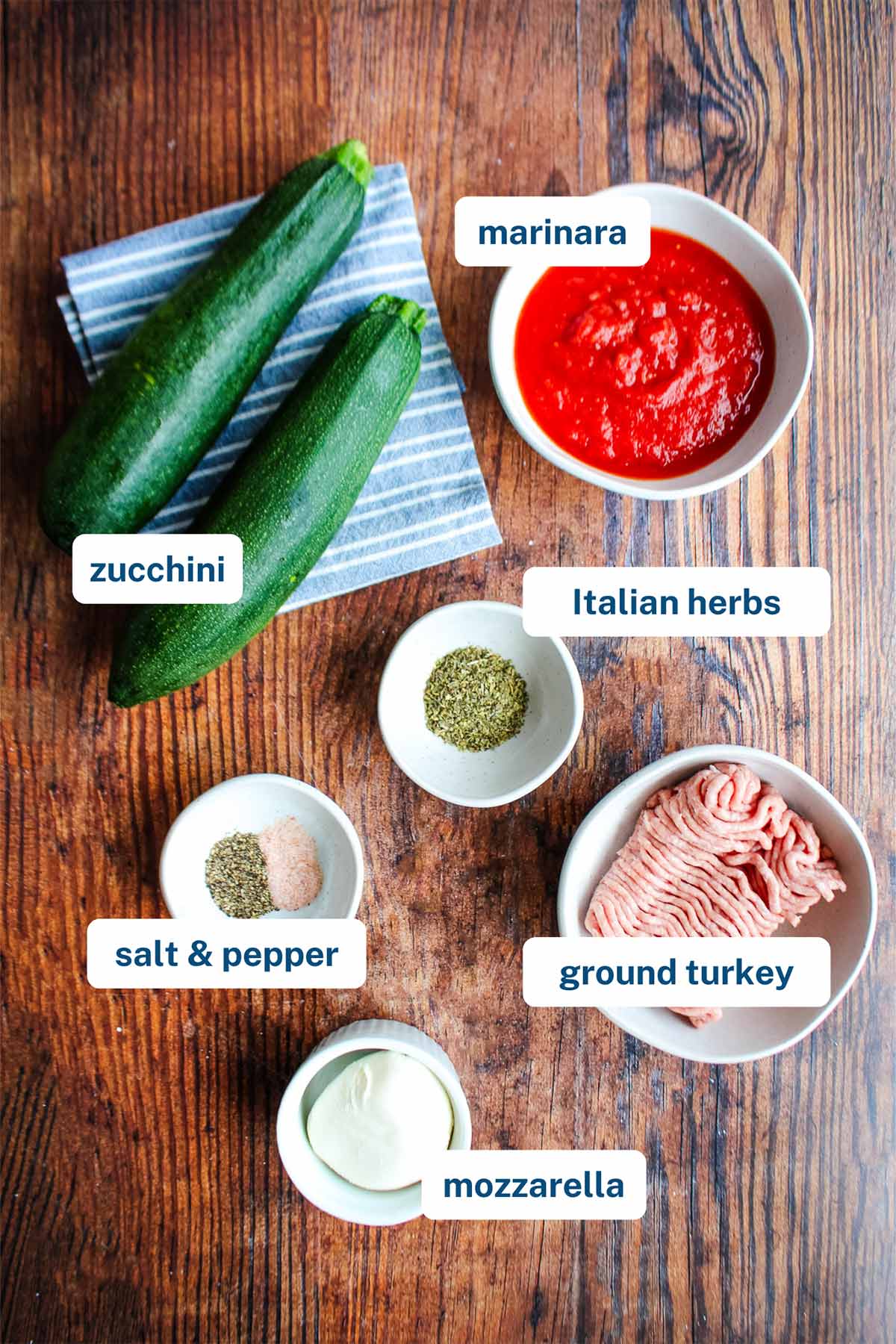 Ingredients to make zucchini boats with ground turkey on the table. 