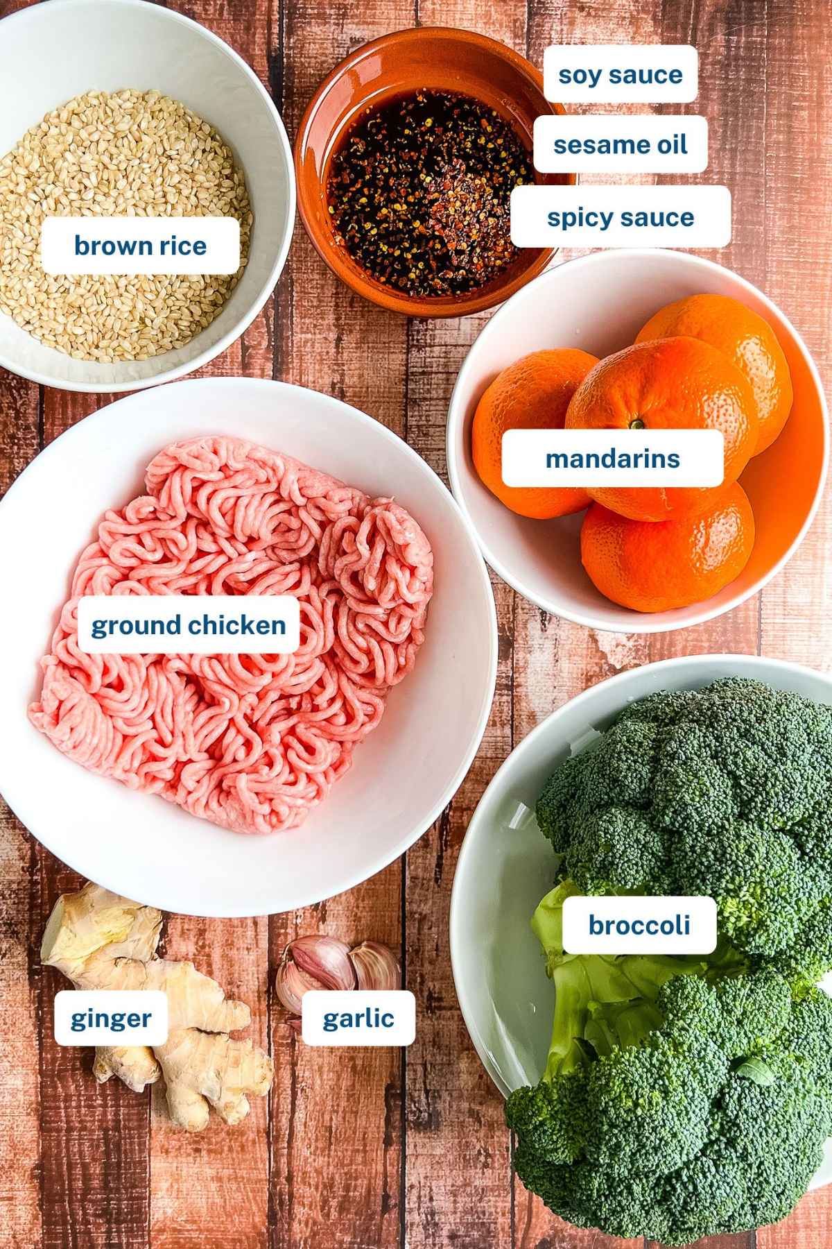 Ingredients for this recipe, soy sauce, sesame oil, oranges, raw broccoli, garlic cloves, ginger, raw ground chicken, uncooked brown rice in bowls on the table with text labels.
