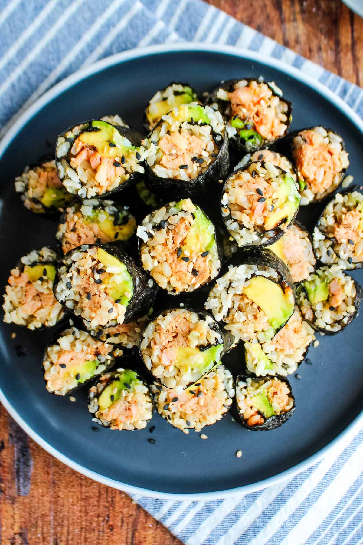 A plate of salmon onigiri on a plate.