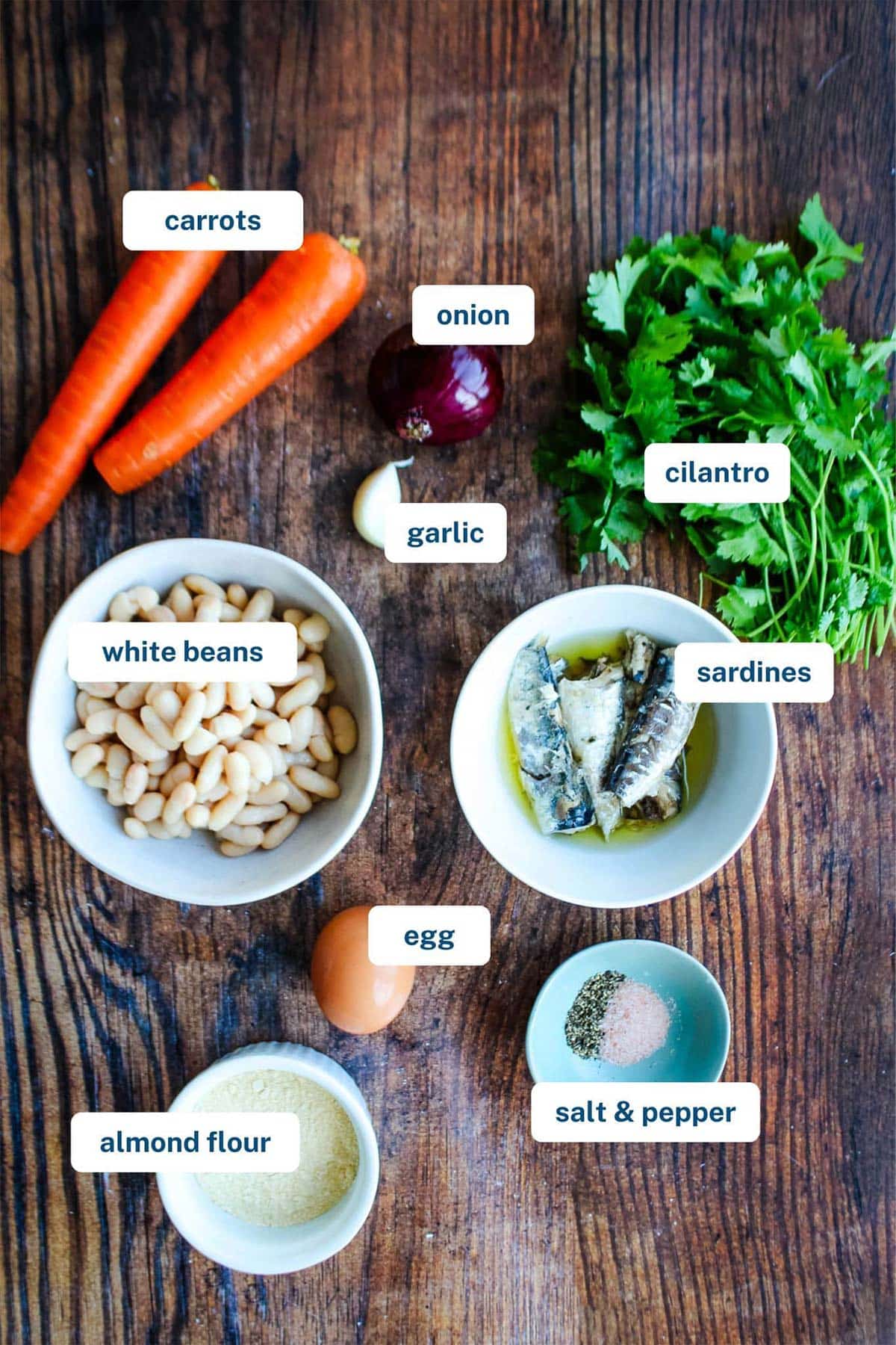 Ingredients to make sardine cakes with cannellini beans on the table.