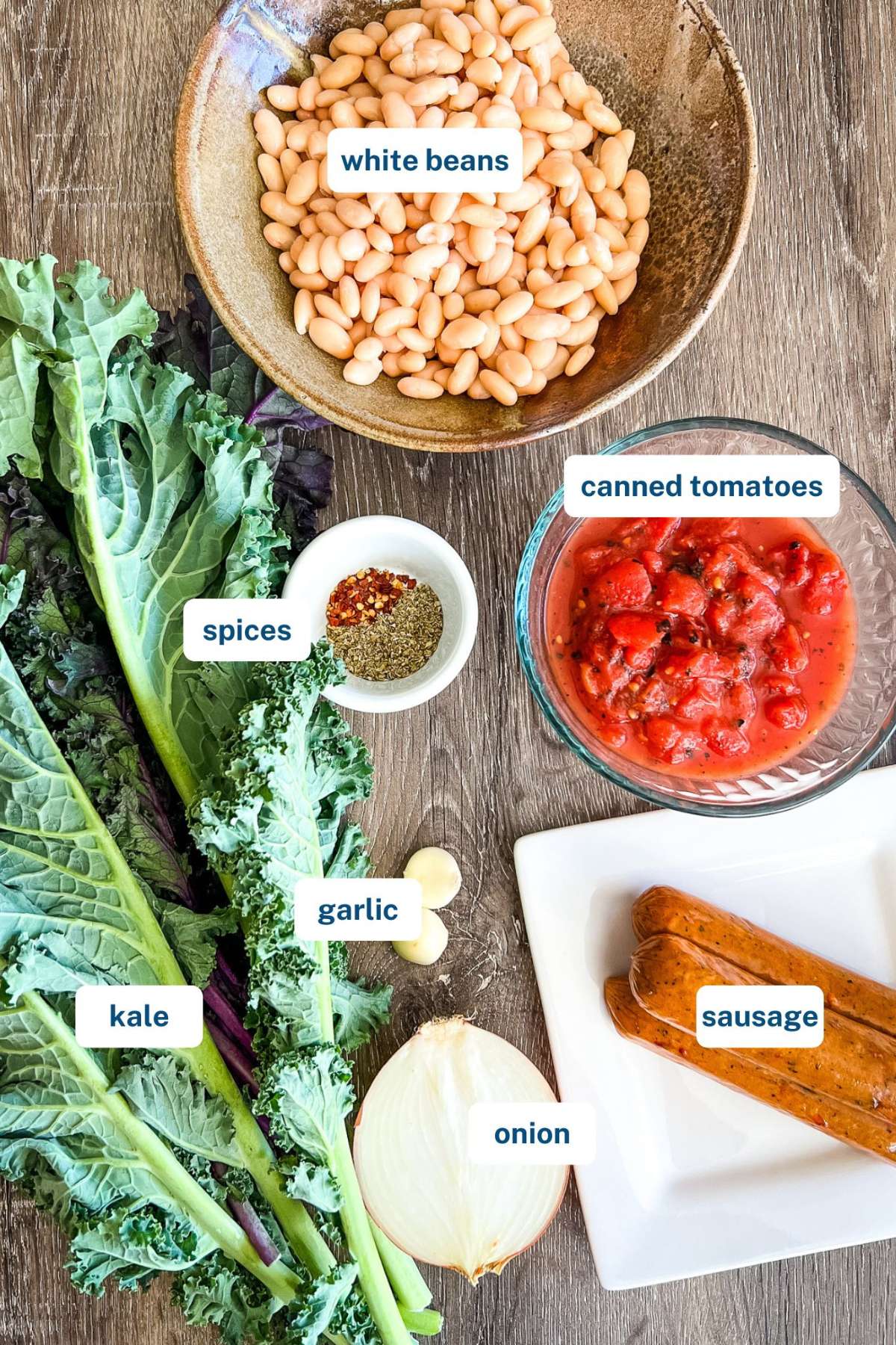 Ingredients to make sausage and white beans one pot dinner.