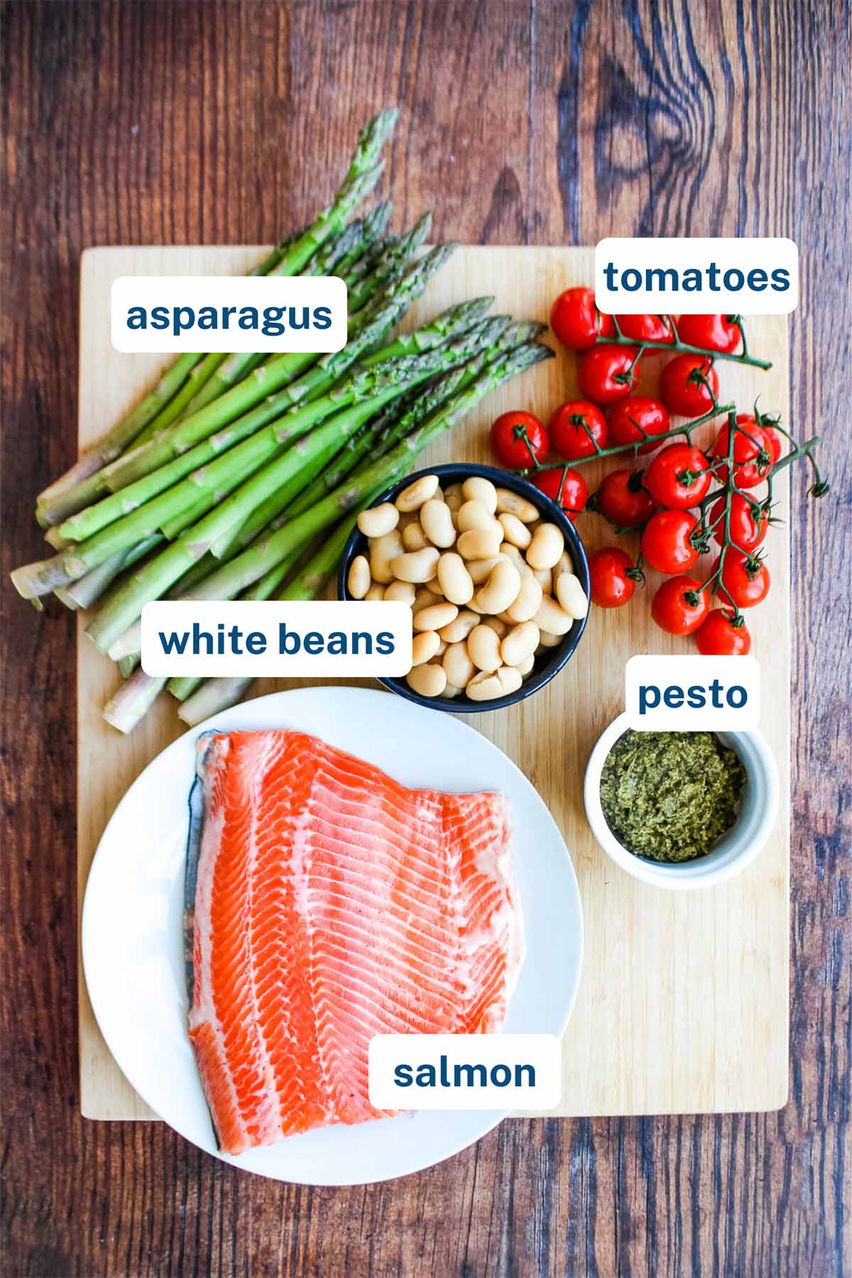 Ingredients to make pesto salmon sheet pan on the table with text identifying what they are.