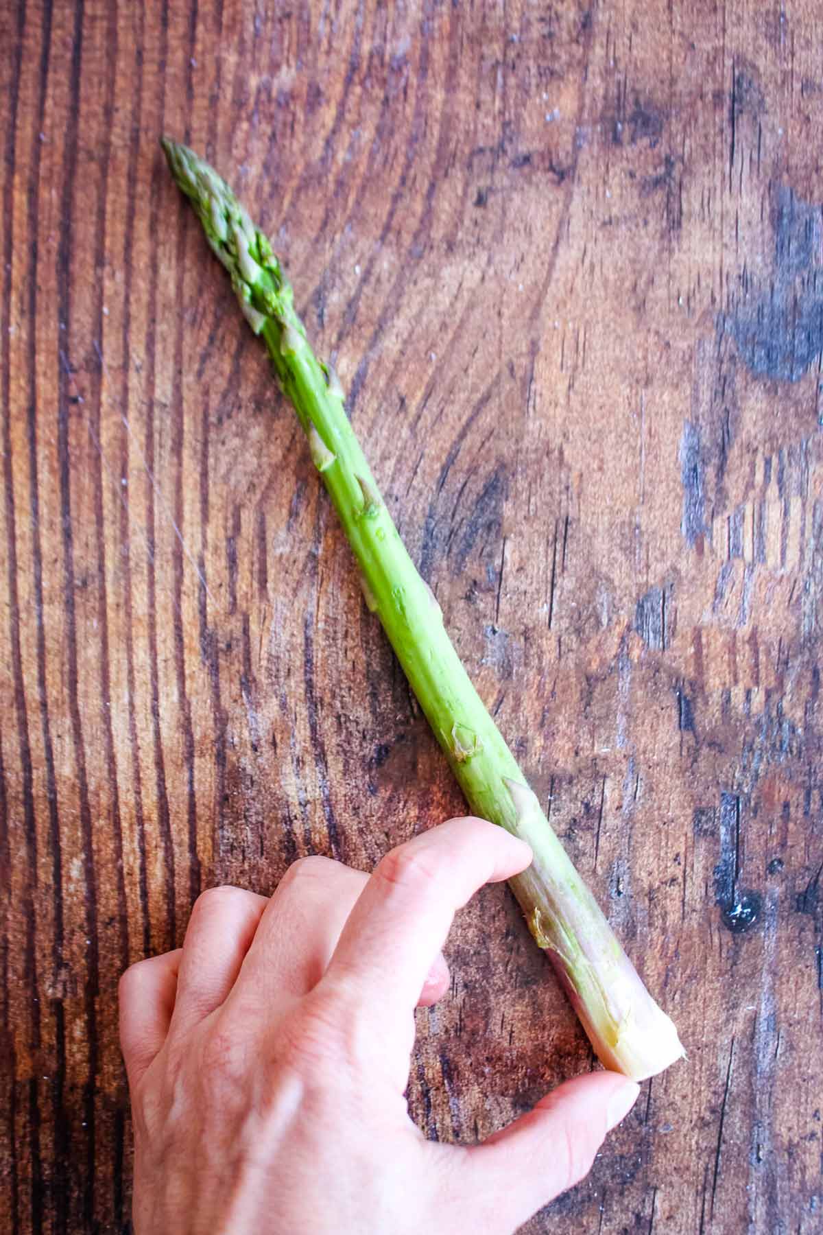 A finger showing how much to cut from the bottom of a stalk of asparagus.