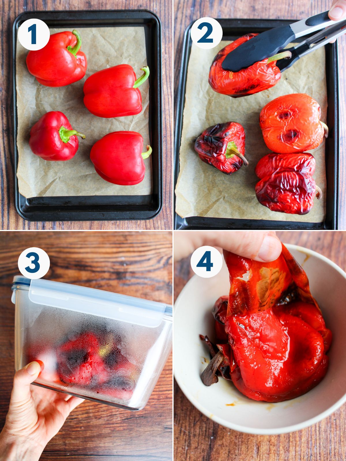 1 raw bell peppers on a sheet pan, 2 bell peppers partially browned, being flipped, 3 roasted bell peppers in sealed glass container, 4 a hand easily removing the skin from the roasted and steamed bell peppers