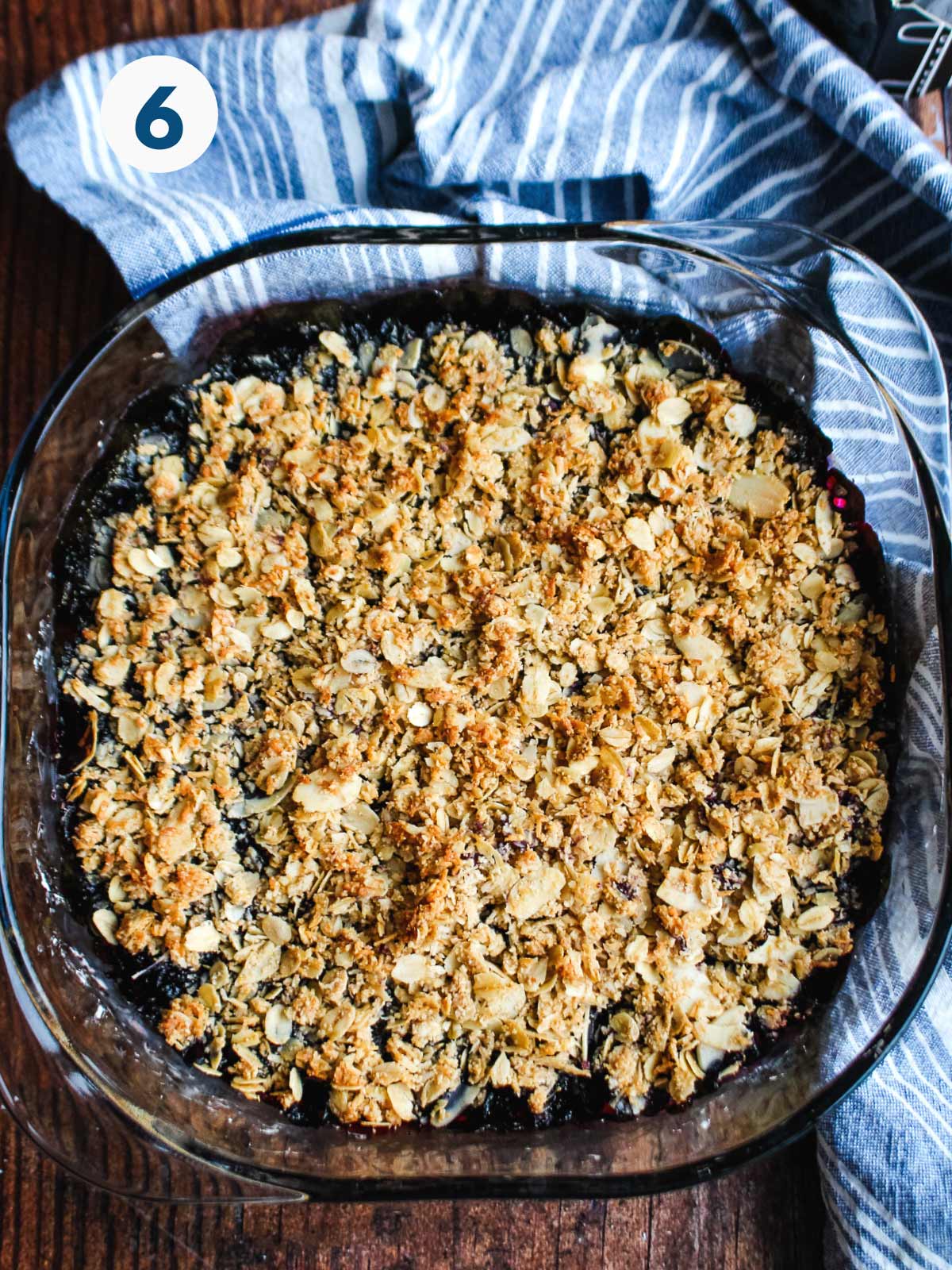 Gluten-free blueberry crisp in the baking dish.