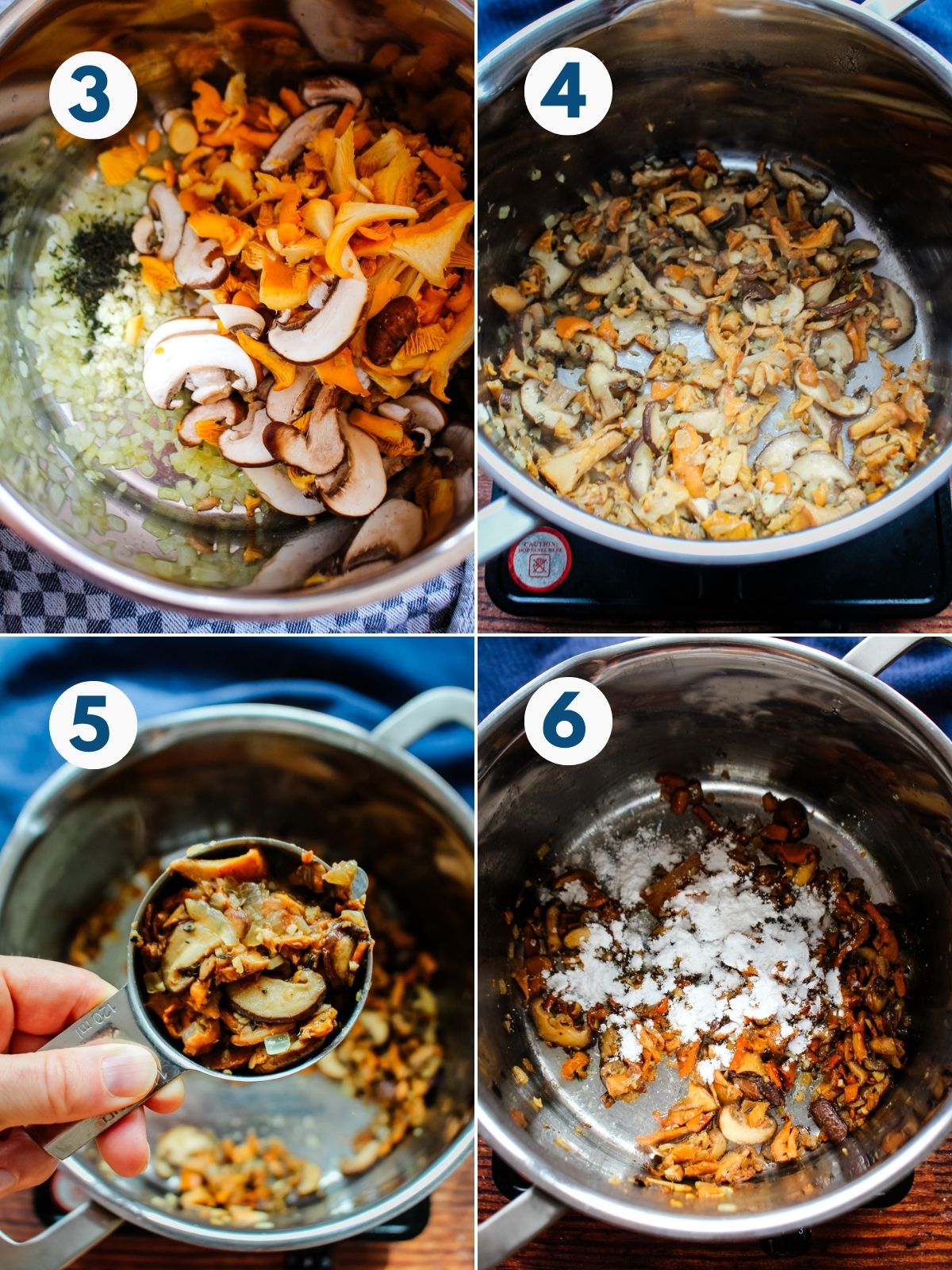 Collage of images showing cooking the vegetables and mushrooms for the soup. 