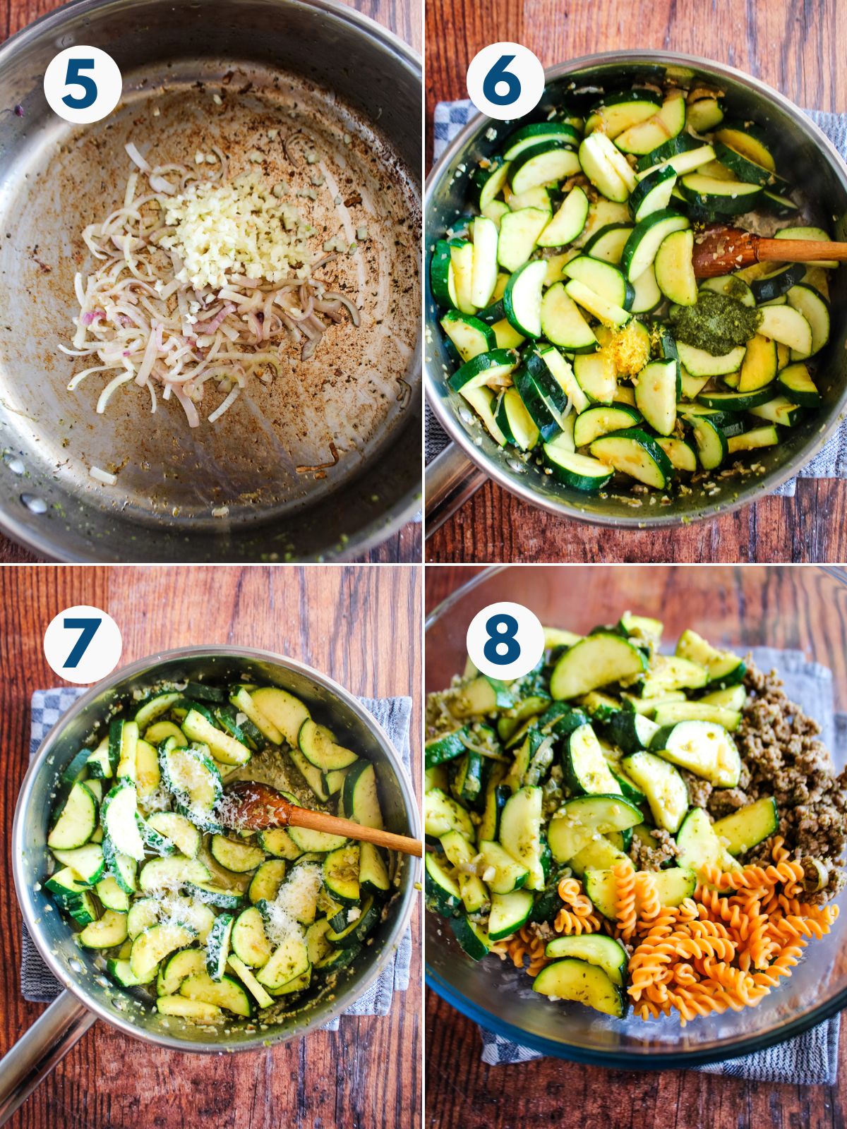 A collage showing the steps of making the zucchini pesto sauce.