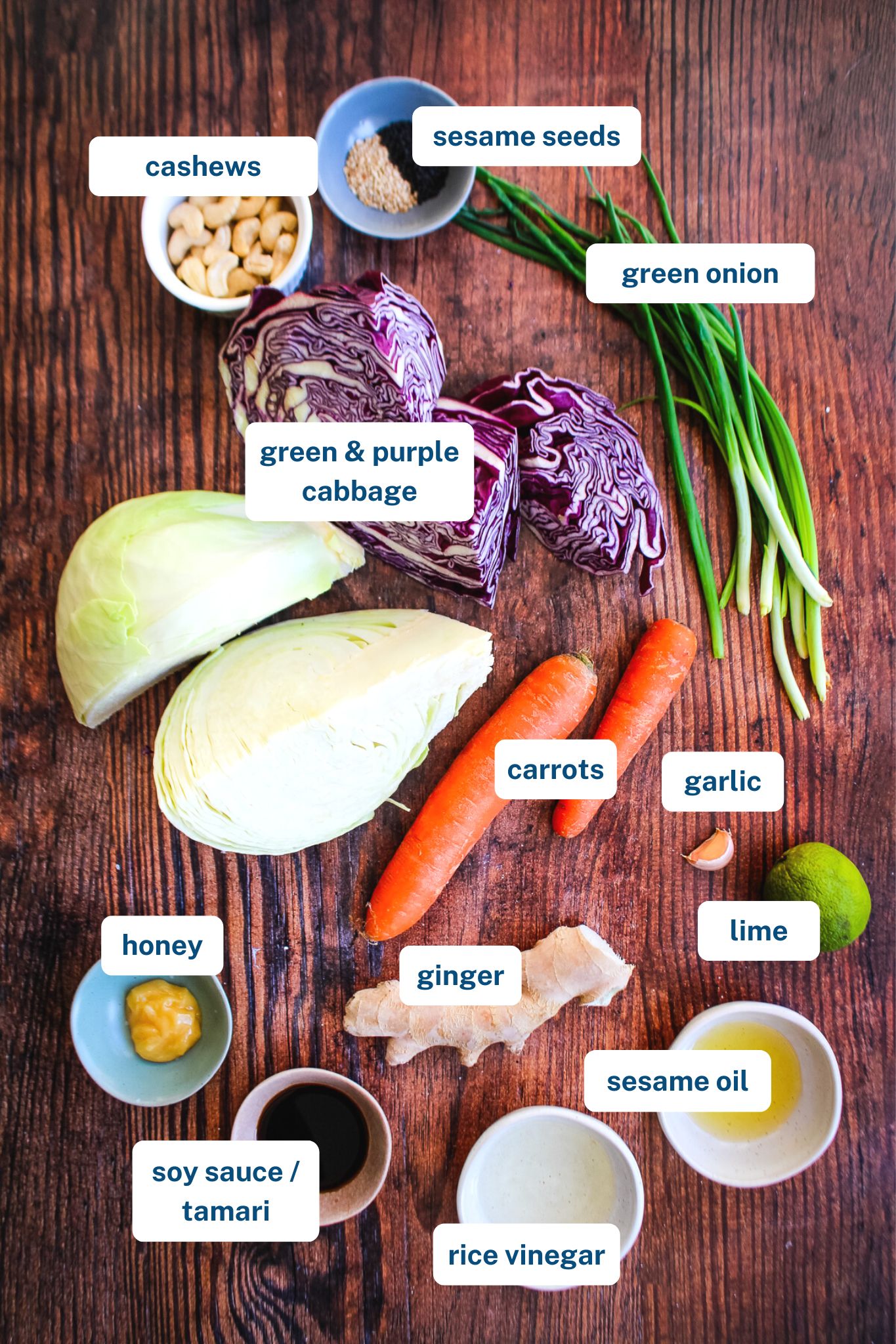 Ingredients to make asian cabbage crunch salad on the table.