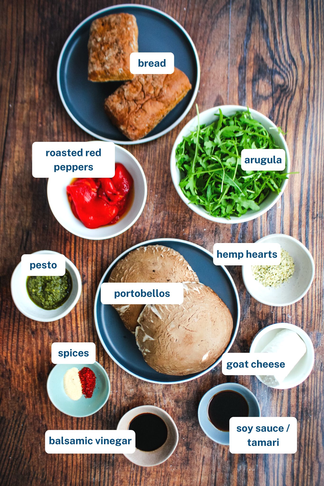 The ingredients to a portobello sandwich on the table before preparing.