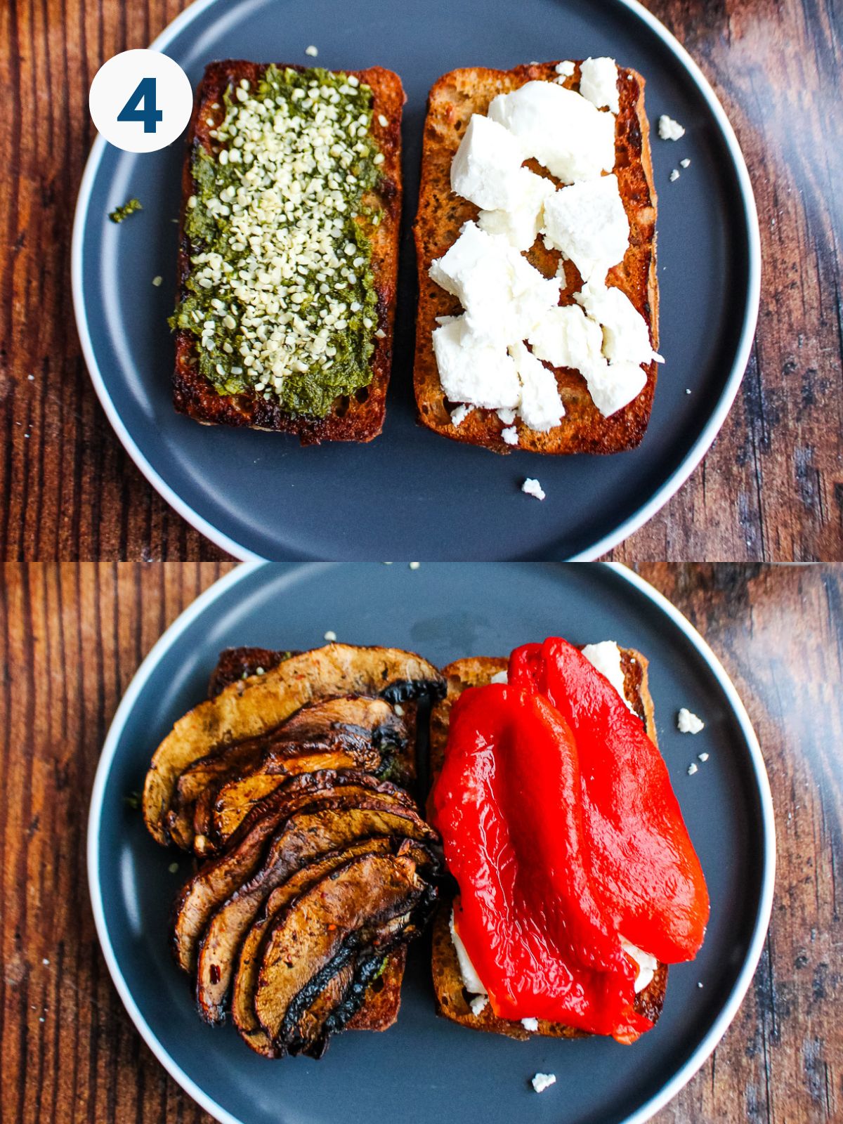 Assembling the sandwich with a collage showing each ingredient added to a half of the sandwich.