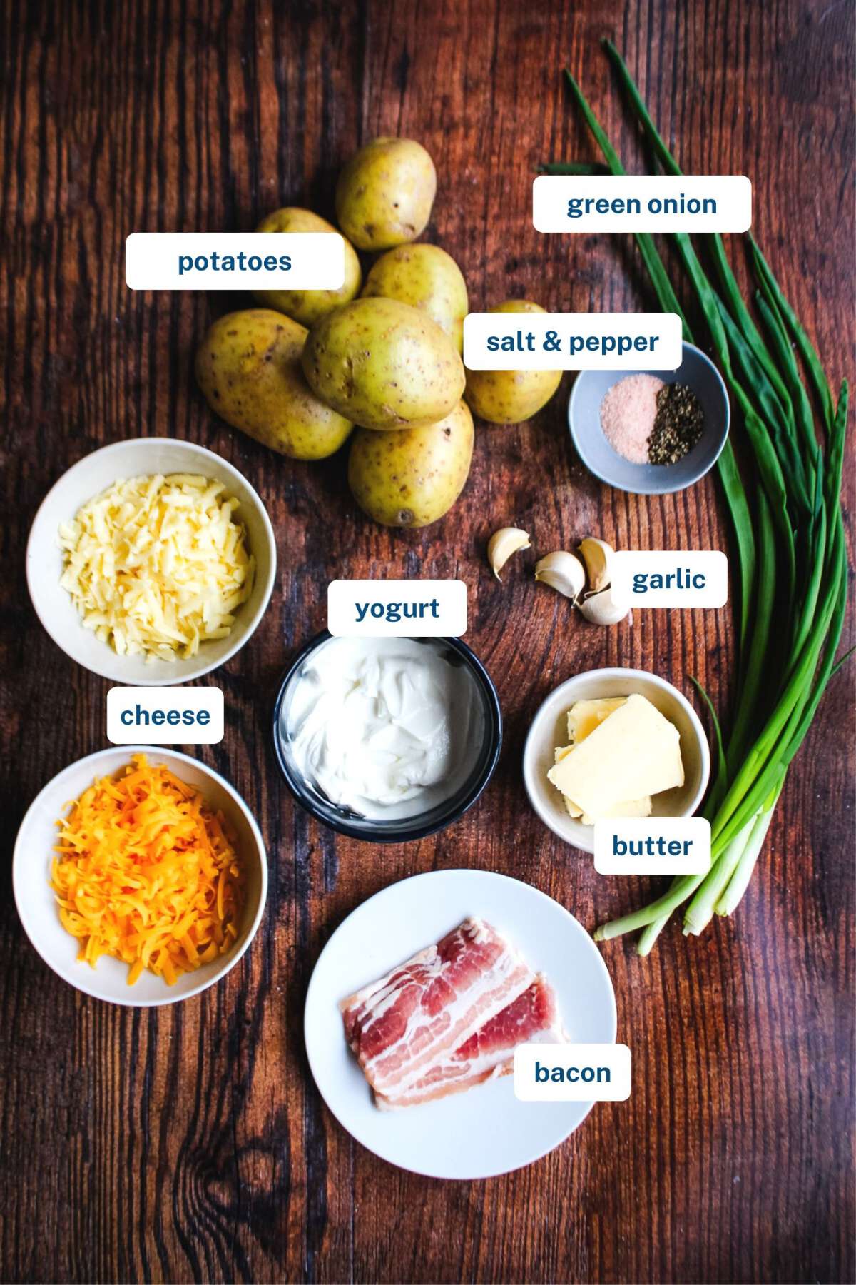 Ingredients to make twice baked mash potatoes on the counter.