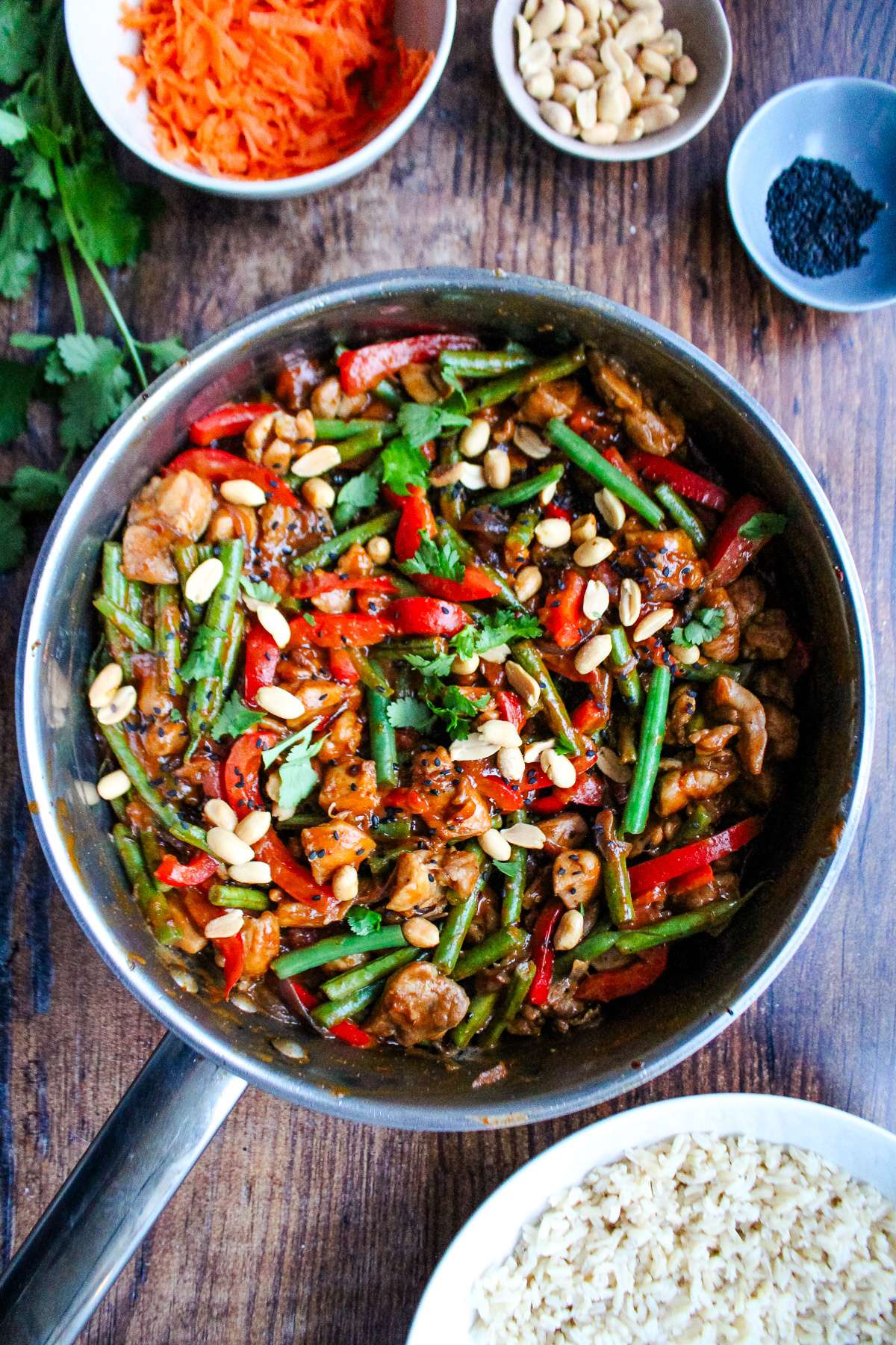 Peanut butter chicken in a skillet after cooking.