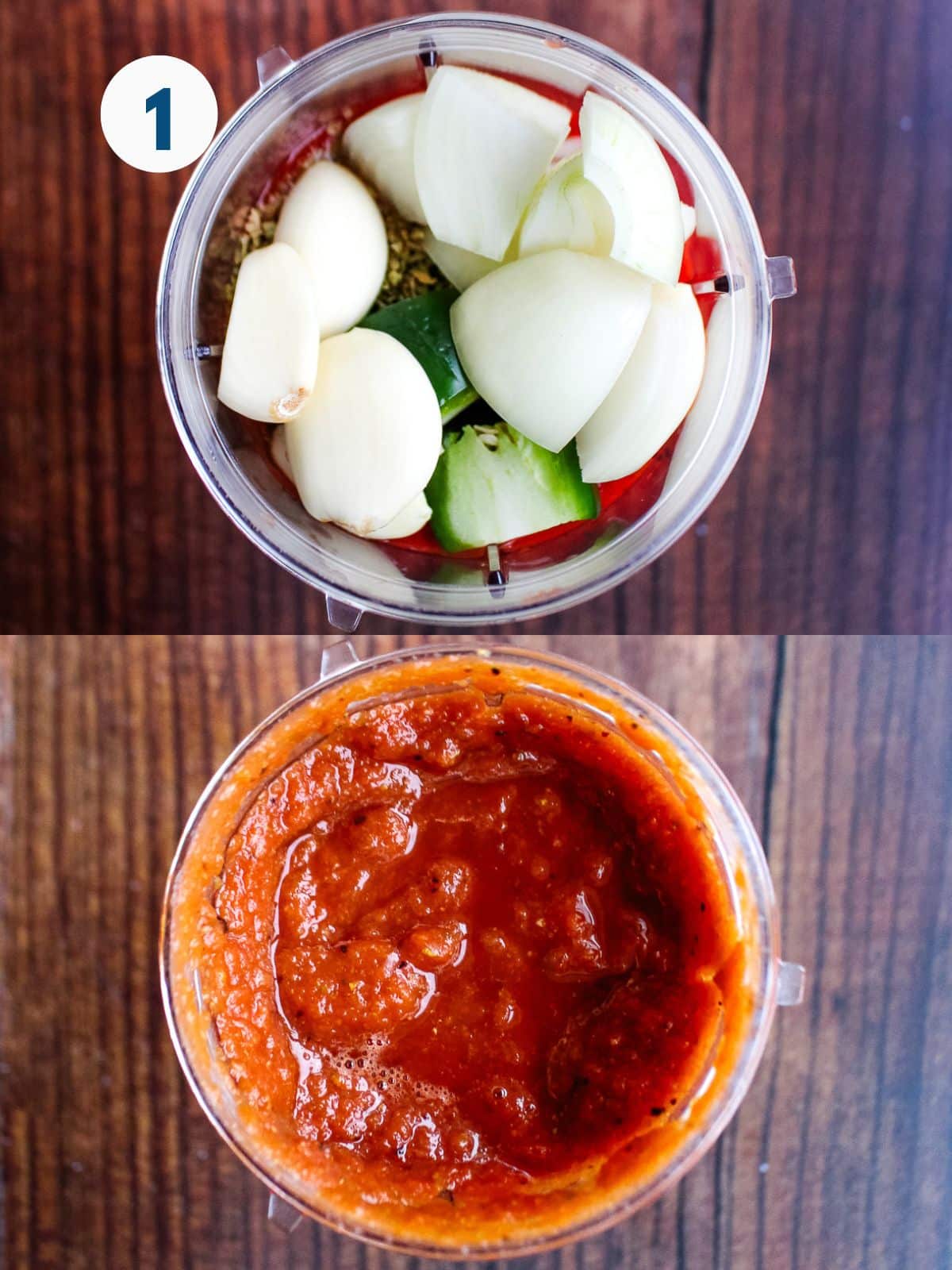 A collage of images showing vegetables in blender and then after blending into salsa.