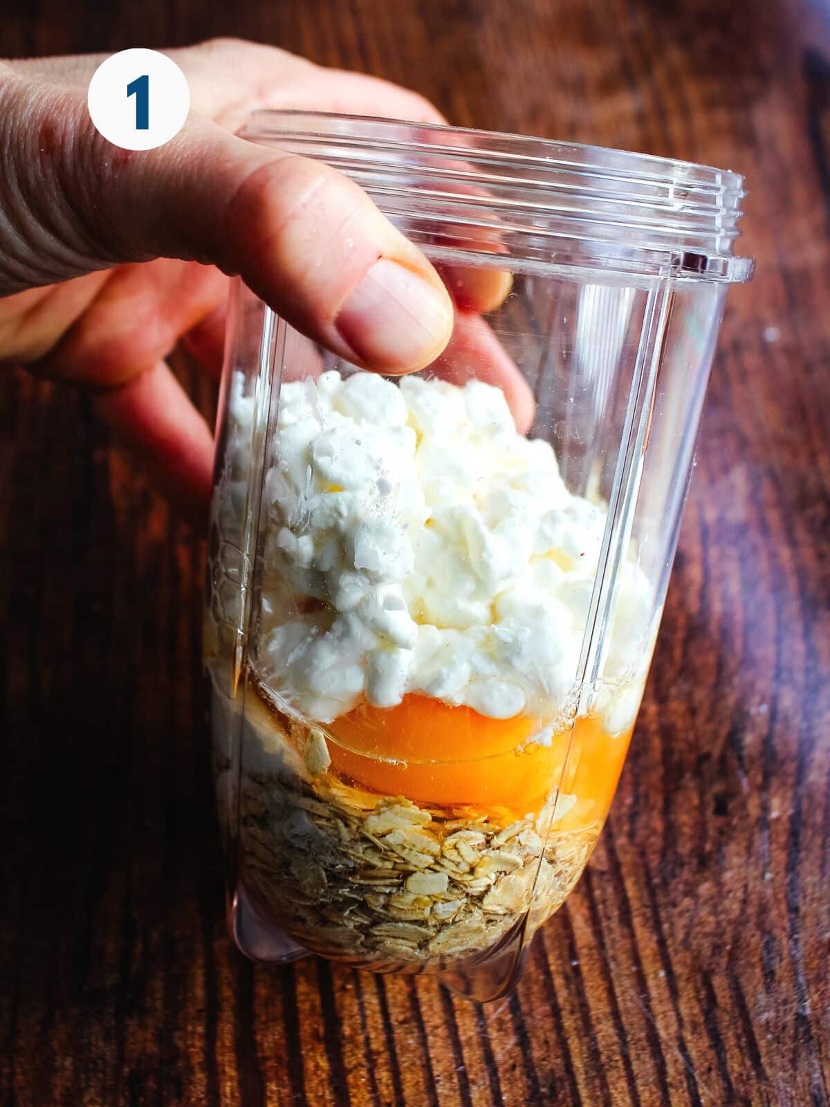 Ingredients in a blender to mix up pancake batter.